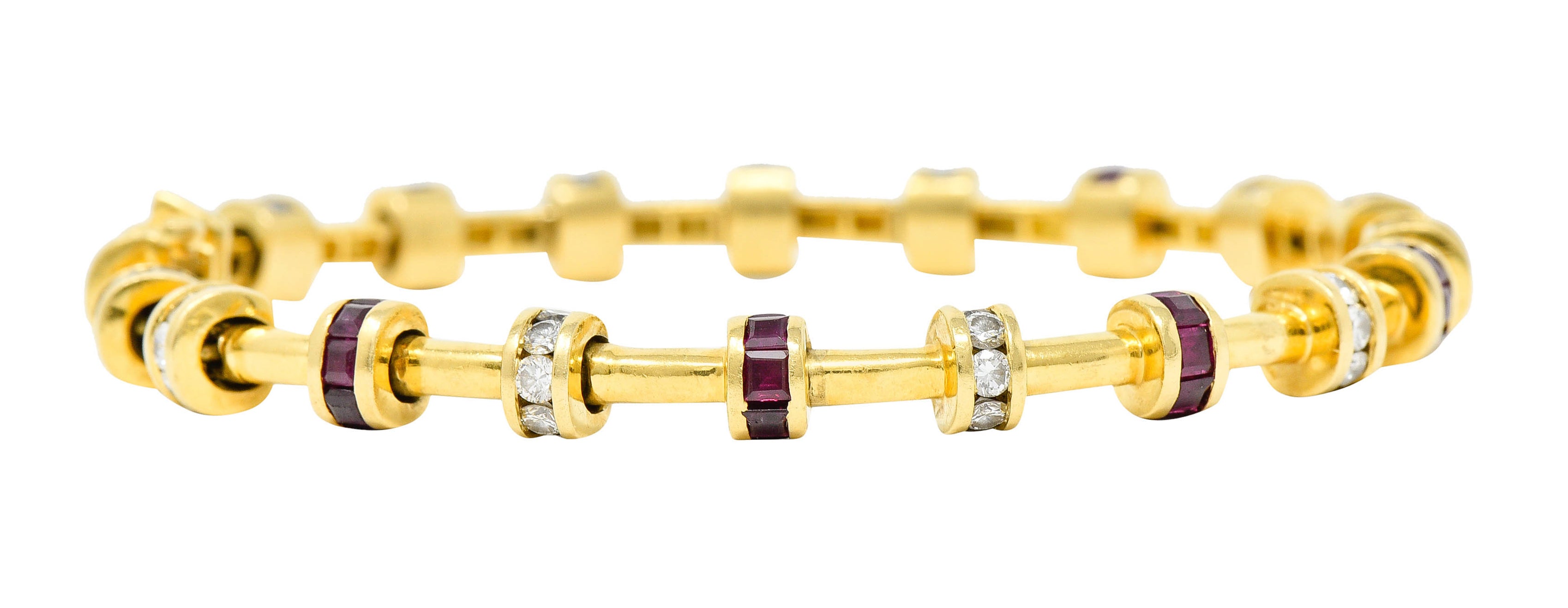 Charles Krypell 6.00 CTW Diamond Ruby 18 Karat Gold Barrel Link Braceletbracelet - Wilson's Estate Jewelry