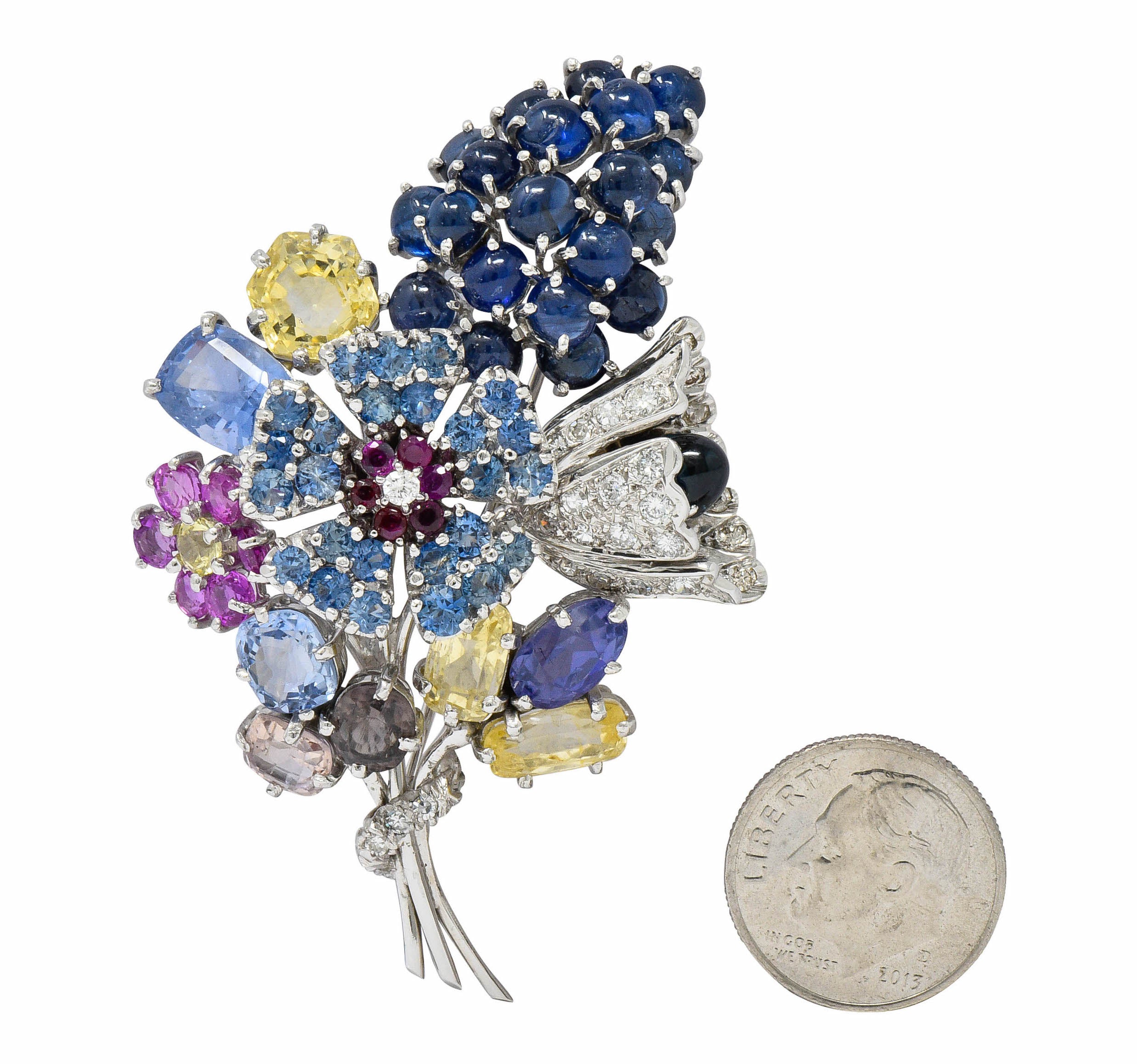 Retro 25.90 CTW Sapphire Diamond 14 Karat White Gold Bouquet BroochBrooch - Wilson's Estate Jewelry