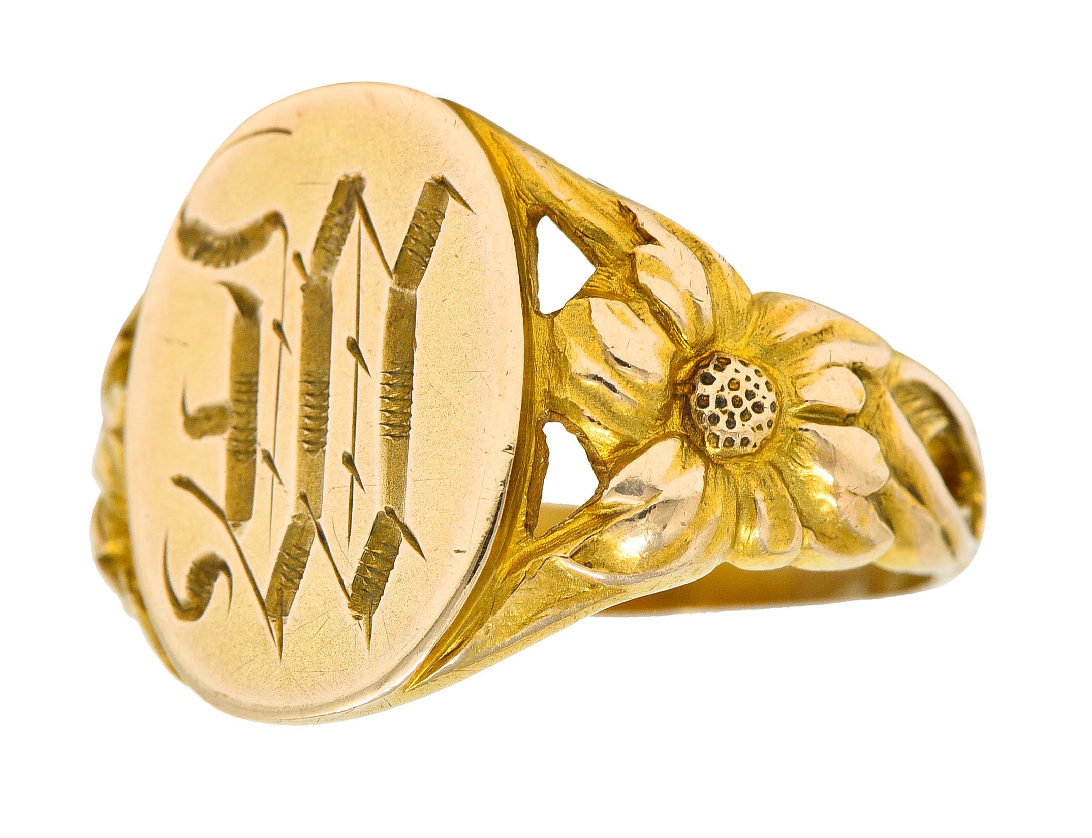 Art Nouveau 14 Karat Gold Floral Monogram Unisex Signet RingRing - Wilson's Estate Jewelry