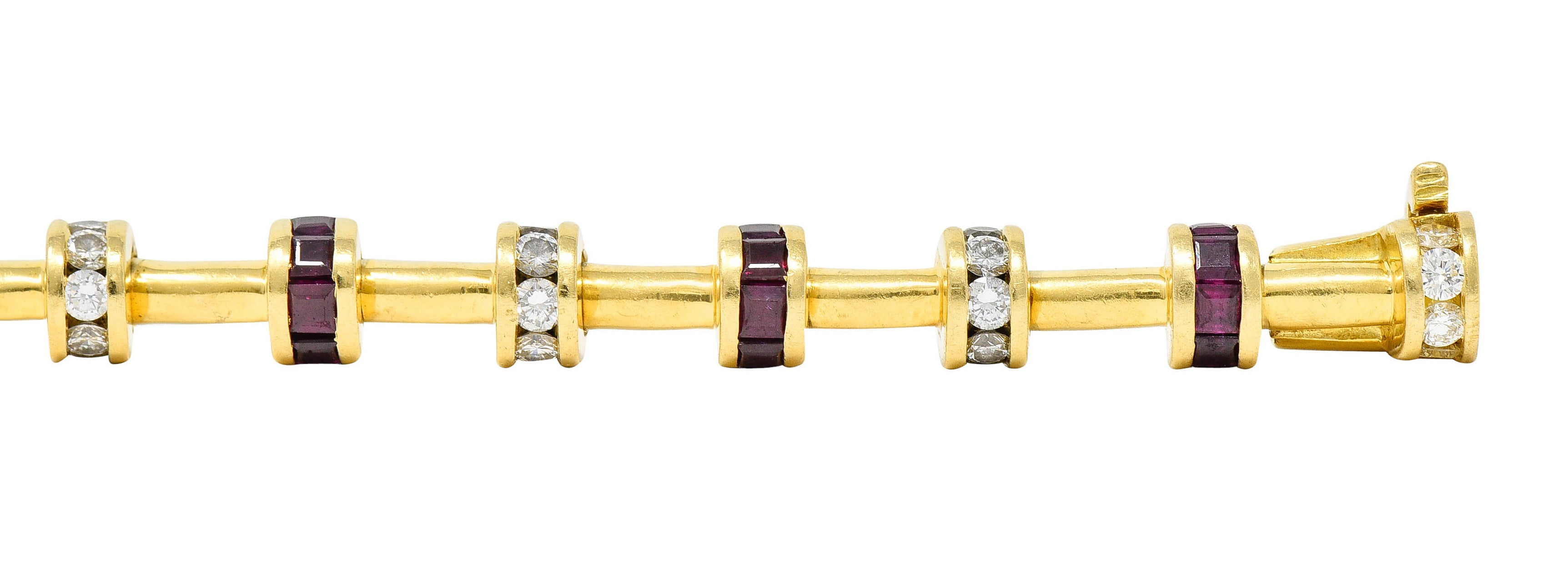 Charles Krypell 6.00 CTW Diamond Ruby 18 Karat Gold Barrel Link Braceletbracelet - Wilson's Estate Jewelry