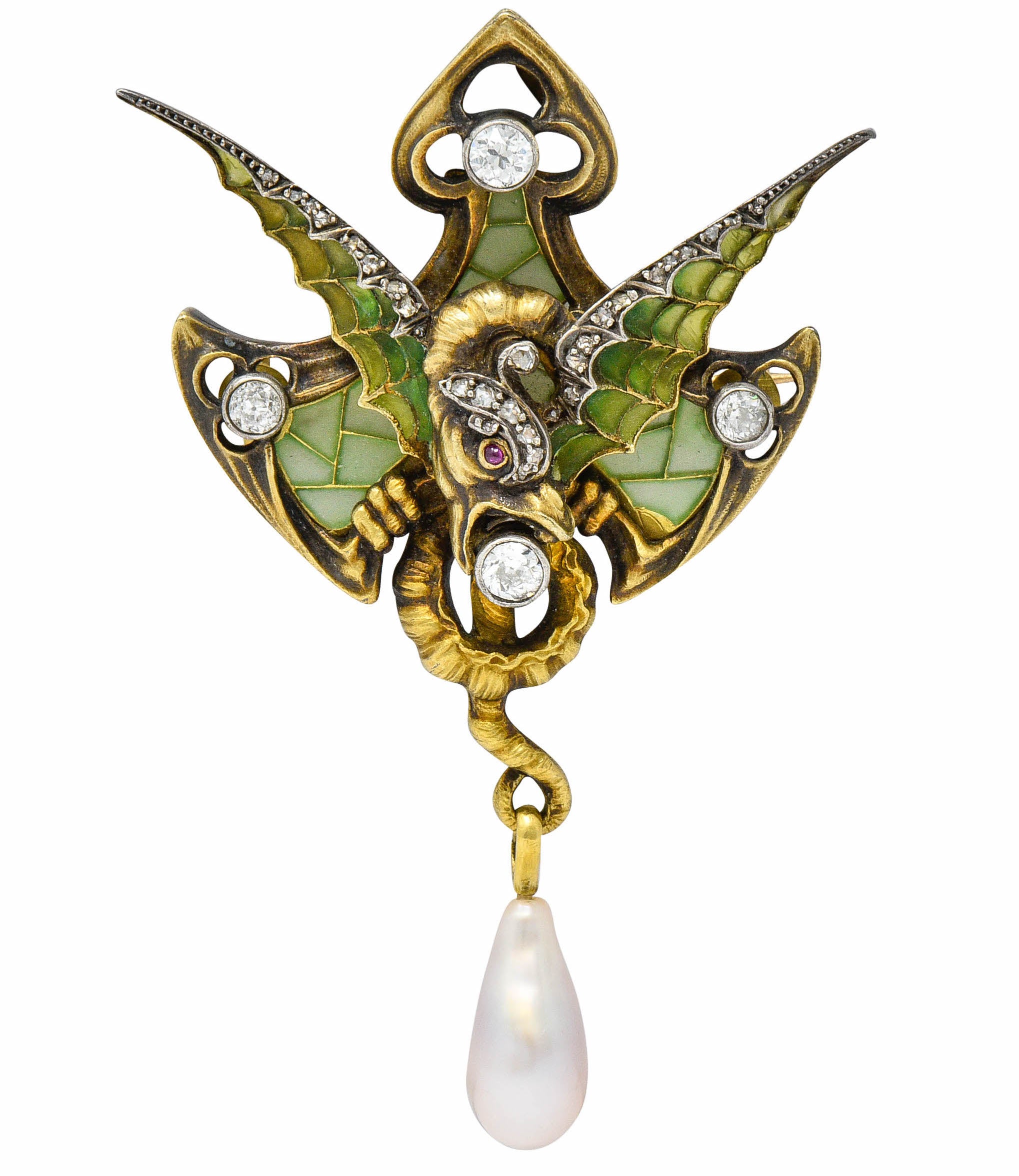 French Art Nouveau Plique-A-Jour Pearl Diamond Silver-Topped 18 Karat Gold Dragon Pendant BroochNecklace - Wilson's Estate Jewelry