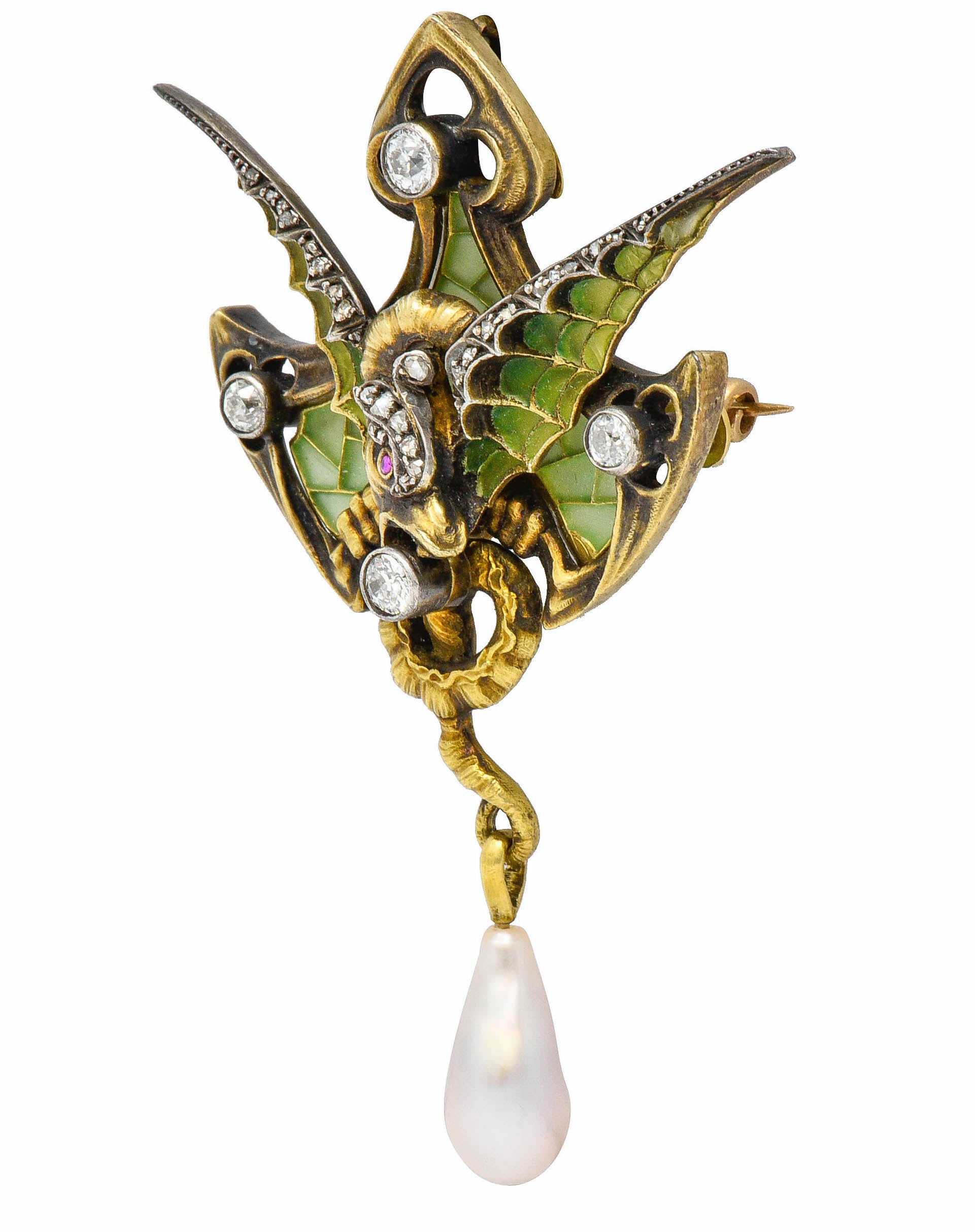 French Art Nouveau Plique-A-Jour Pearl Diamond Silver-Topped 18 Karat Gold Dragon Pendant BroochNecklace - Wilson's Estate Jewelry