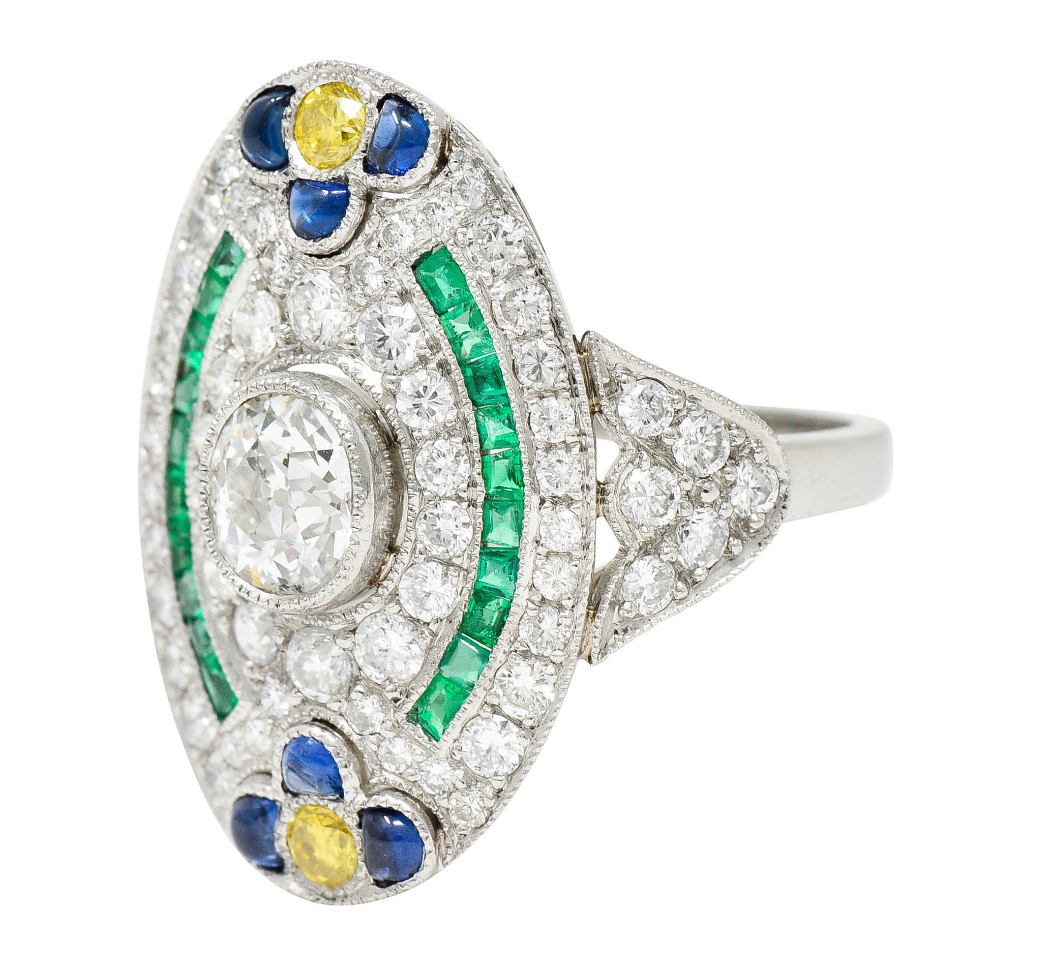 Contemporary 3.15 CTW Diamond & Fancy Diamond Emerald Sapphire Platinum Dinner RingRing - Wilson's Estate Jewelry