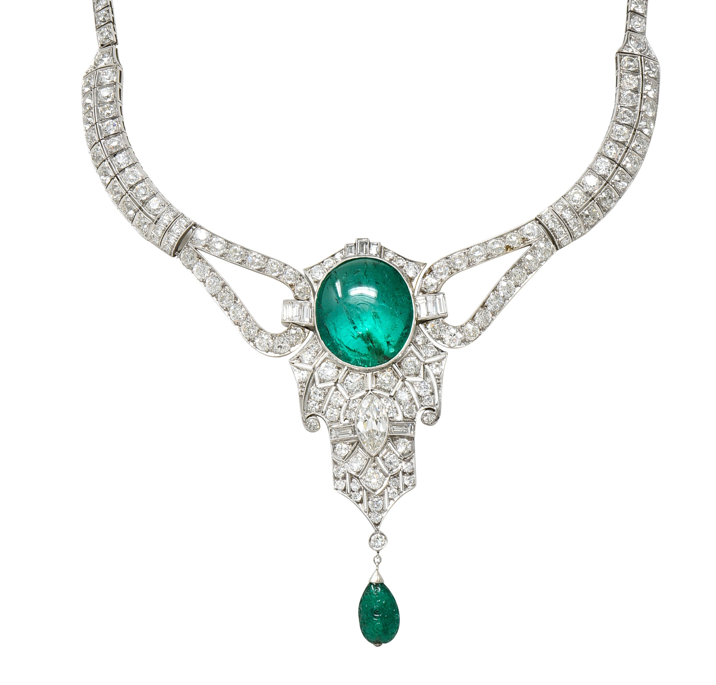 Substantial Art Deco Emerald Diamond Platinum Vintage Station Drop Necklace