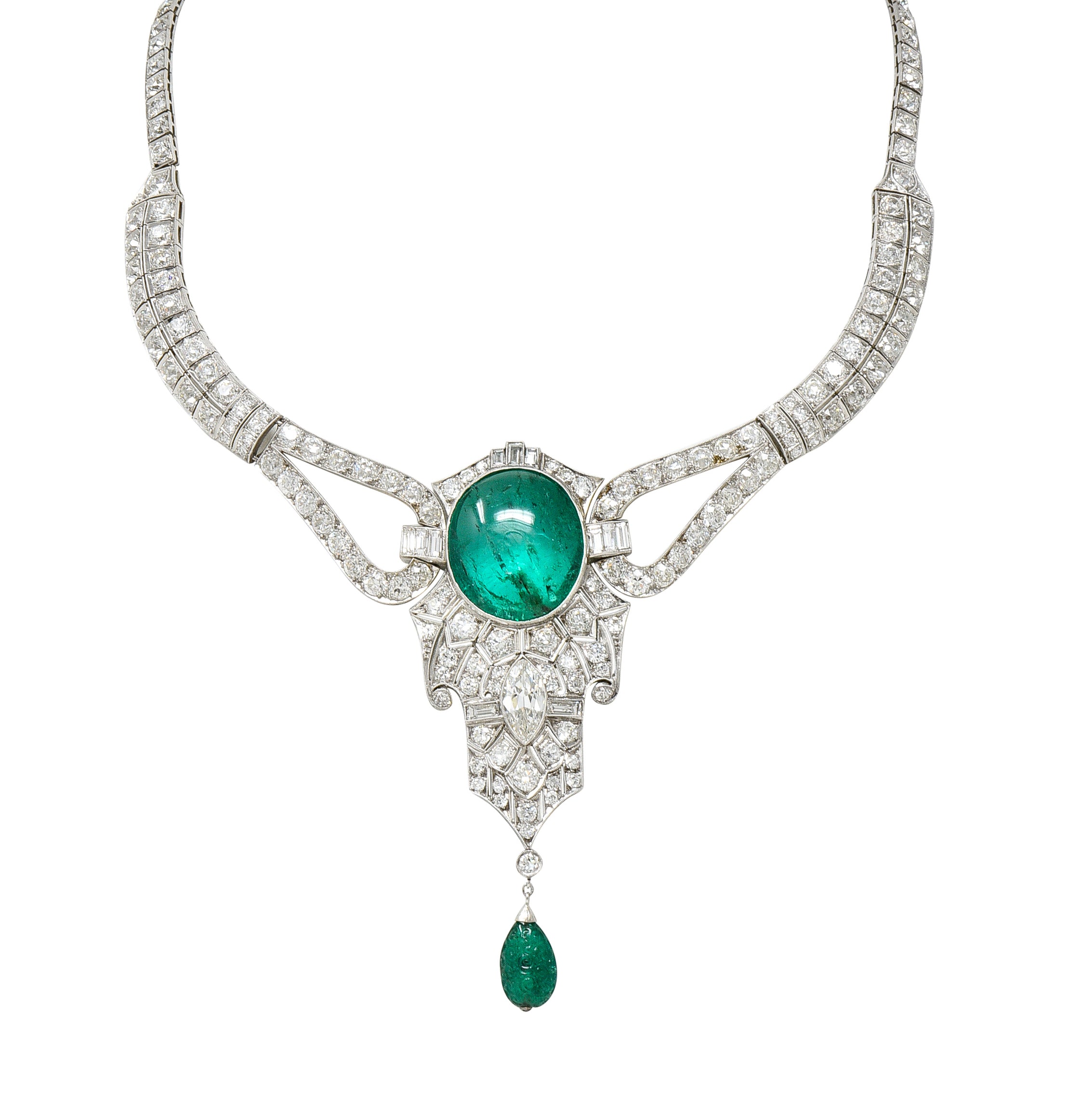 Substantial Art Deco Emerald Diamond Platinum Vintage Station Drop Necklace