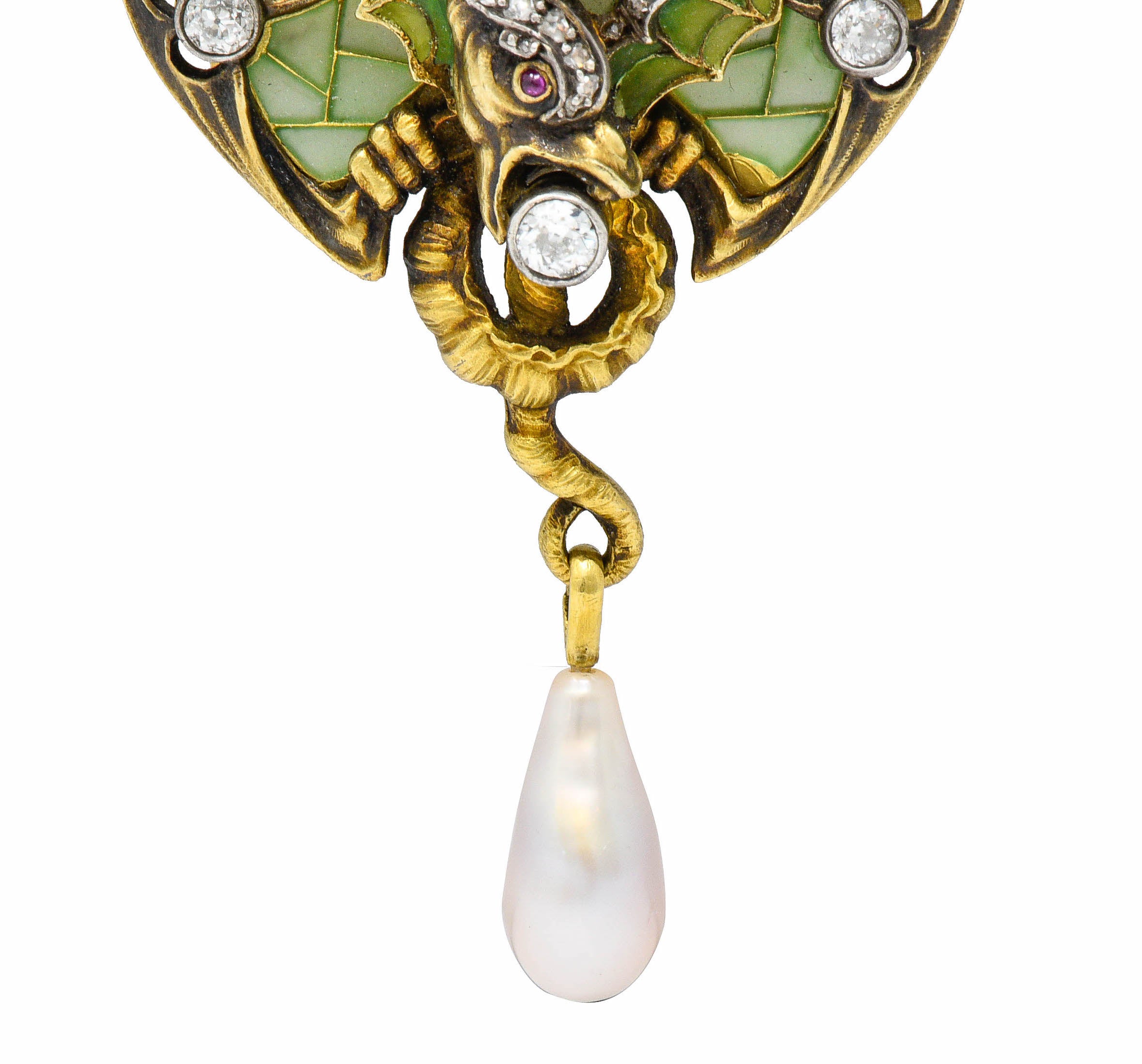 French Art Nouveau Plique-A-Jour Pearl Diamond Silver-Topped 18 Karat Gold Dragon Pendant BroochNecklace - Wilson's Estate Jewelry