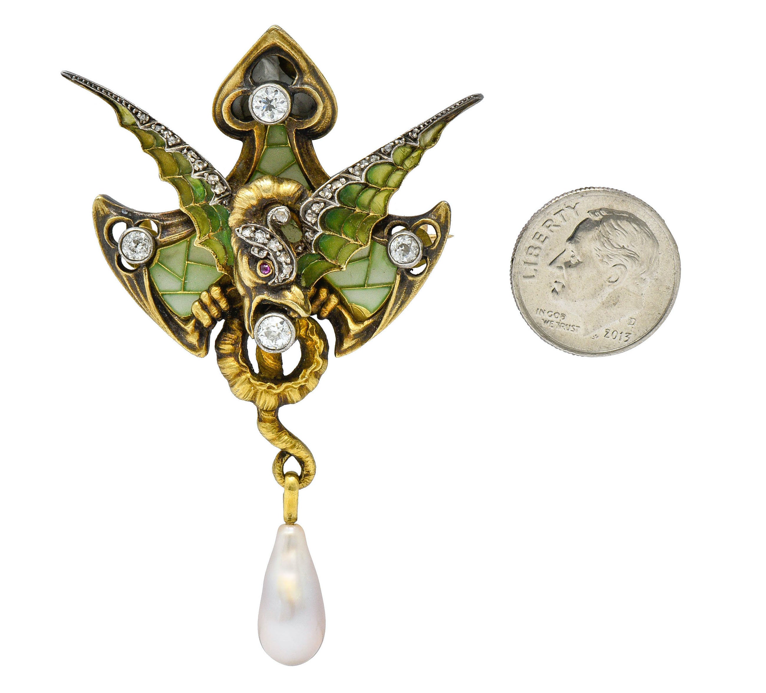 French Art Nouveau Plique-A-Jour Pearl Diamond Silver-Topped 18 Karat Gold Dragon Pendant BroochNecklace - Wilson's Estate Jewelry