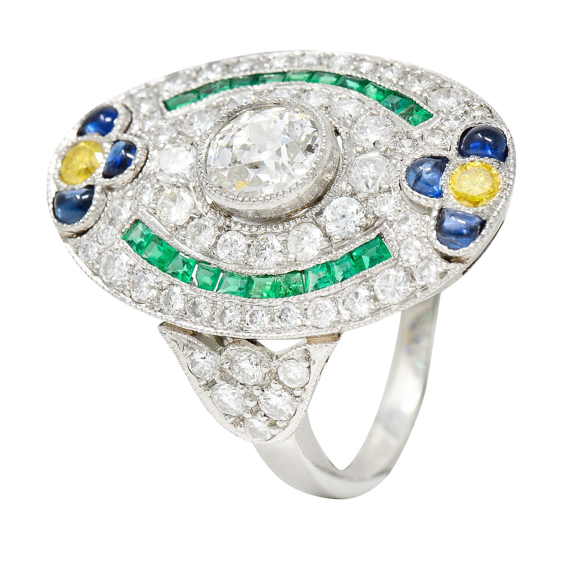 Contemporary 3.15 CTW Diamond & Fancy Diamond Emerald Sapphire Platinum Dinner RingRing - Wilson's Estate Jewelry