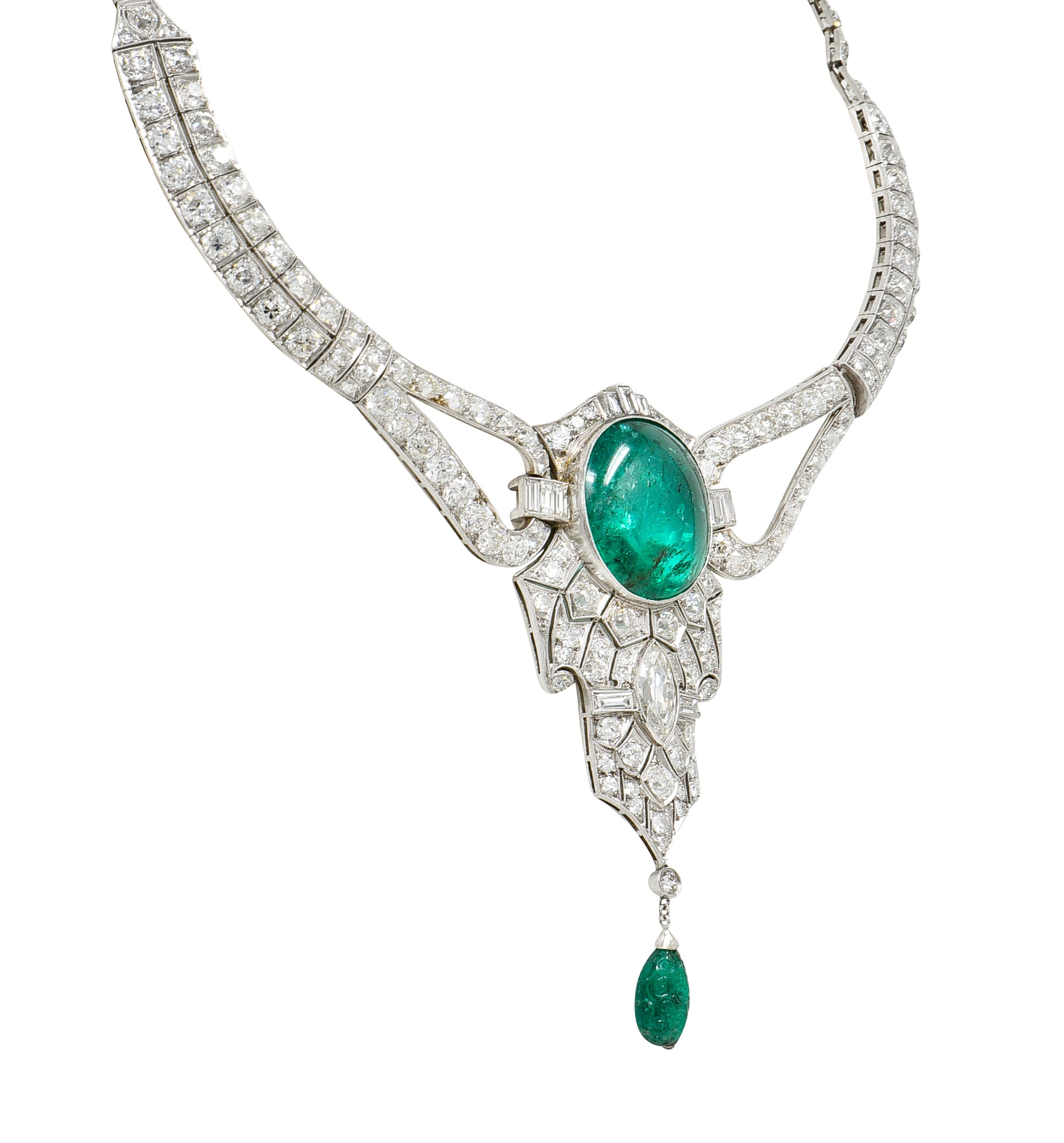 Substantial Art Deco Emerald Diamond Platinum Vintage Station Drop Necklace