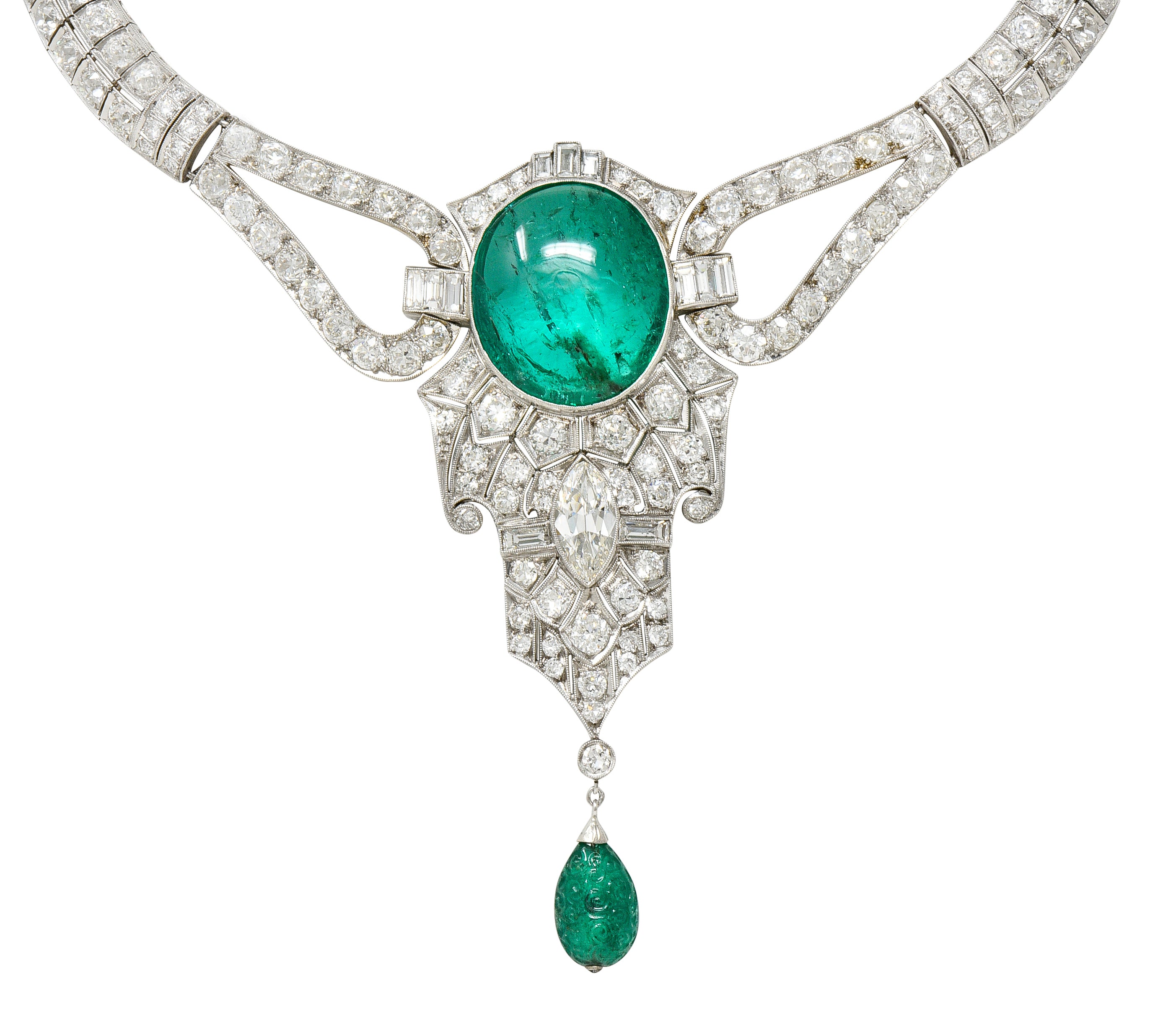 Substantial Art Deco Emerald Diamond Platinum Vintage Station Drop Necklace