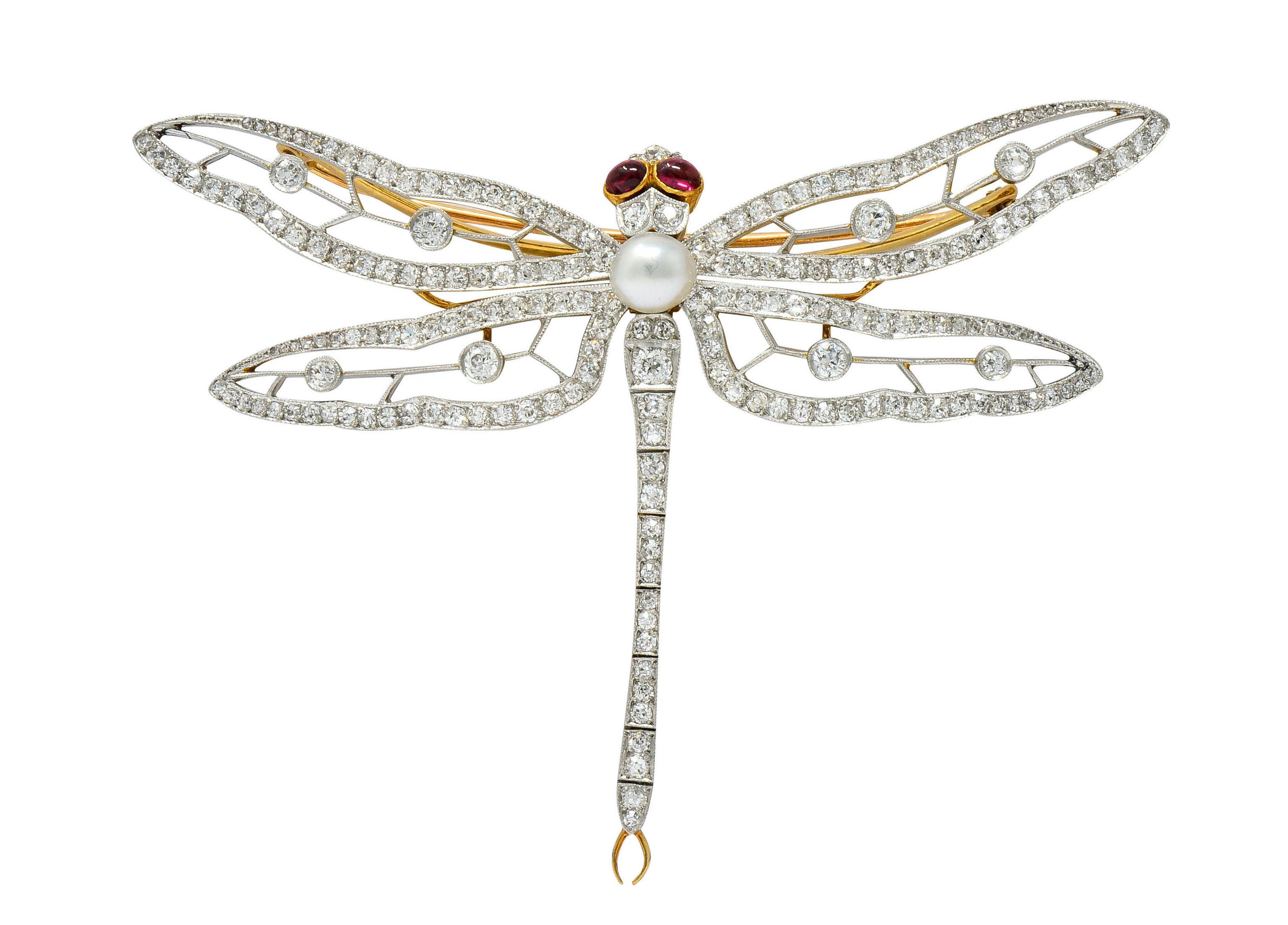 Substantial Edwardian Spinel Pearl Diamond Platinum 18 Karat Gold Dragonfly Broochbrooch - Wilson's Estate Jewelry