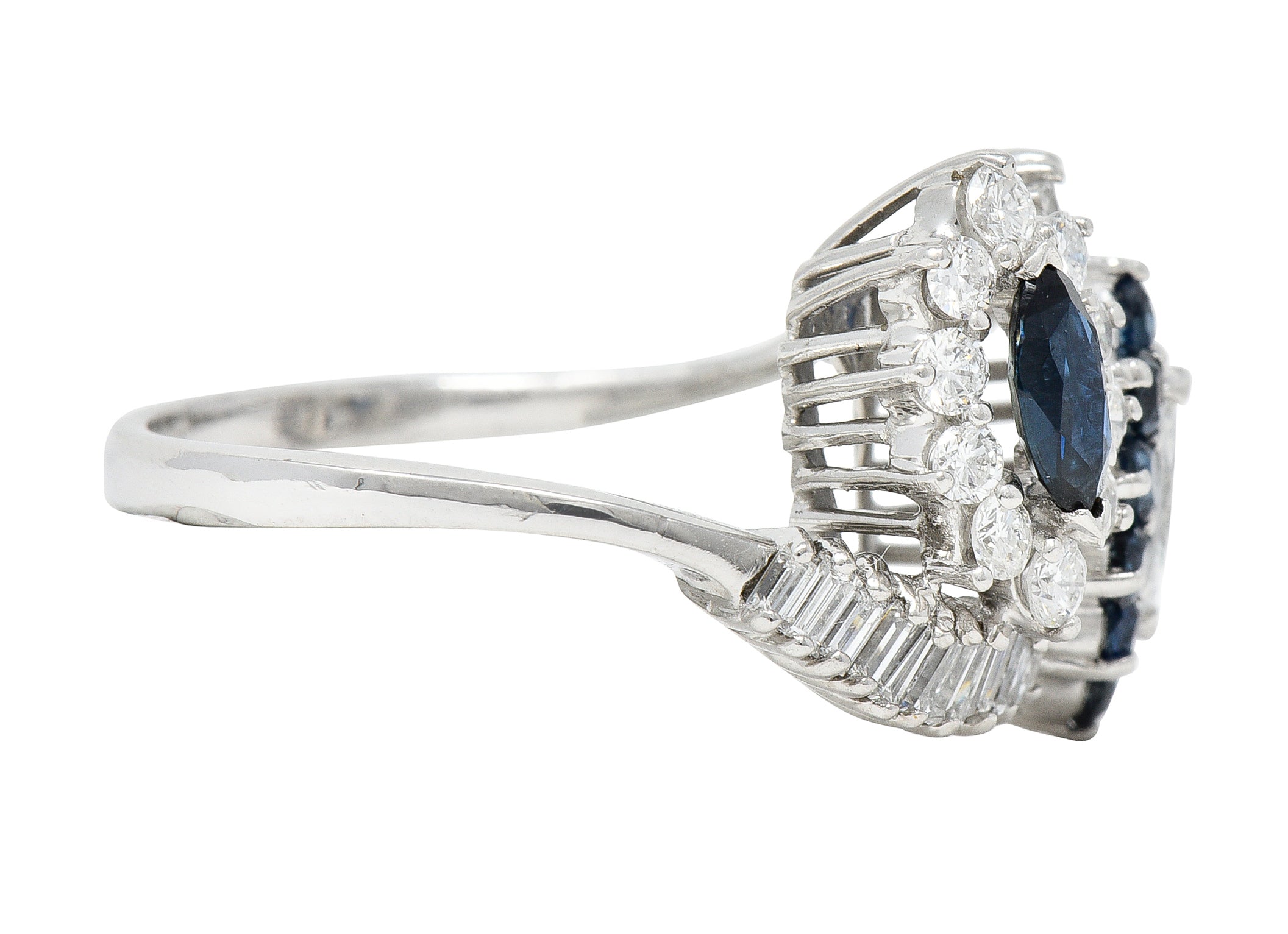 Mid-Century 1.68 CTW Marquise Cut Sapphire Diamond Platinum Clustered Vintage Bypass Ring Wilson's Estate Jewelry