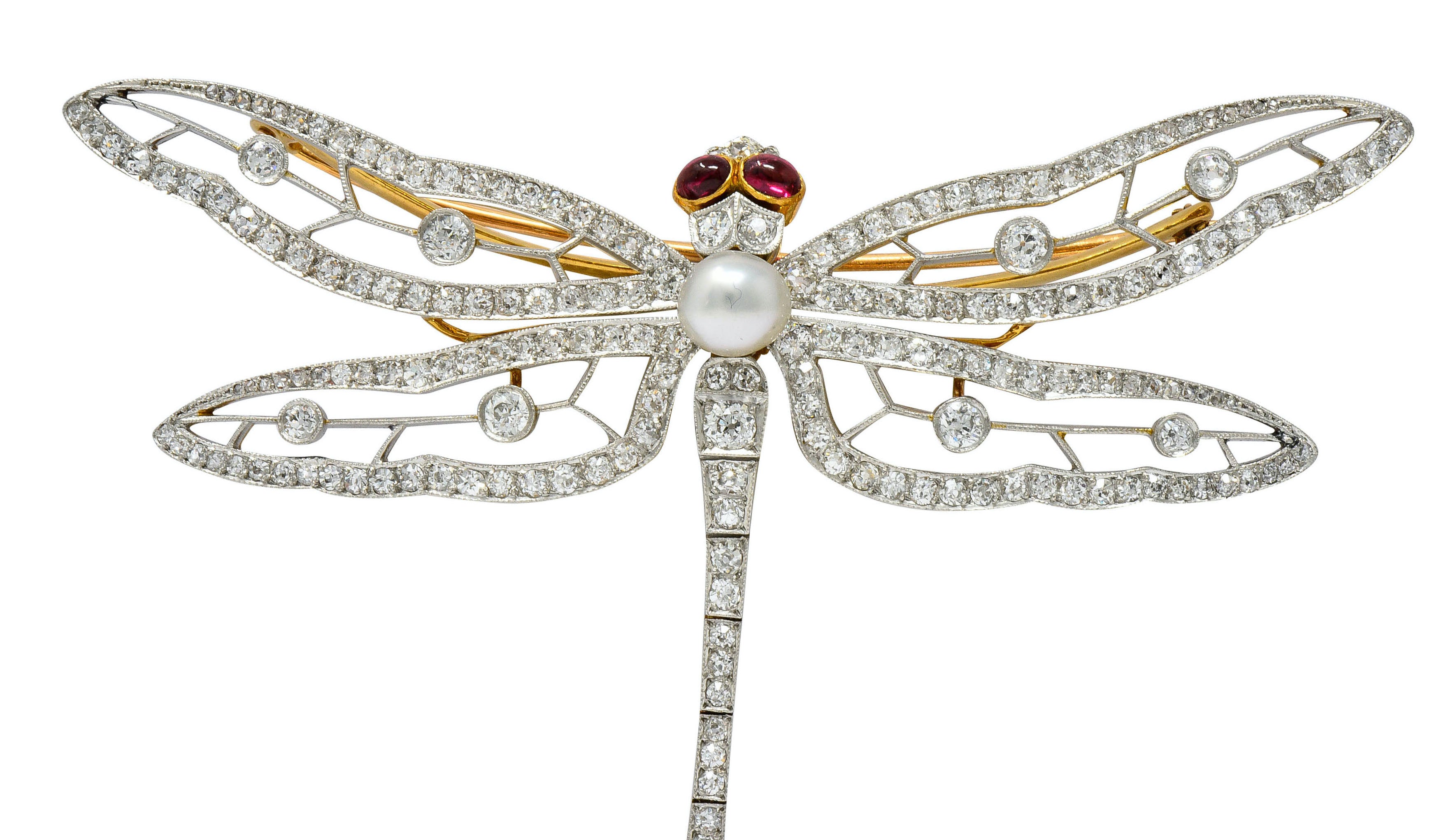 Substantial Edwardian Spinel Pearl Diamond Platinum 18 Karat Gold Dragonfly Broochbrooch - Wilson's Estate Jewelry