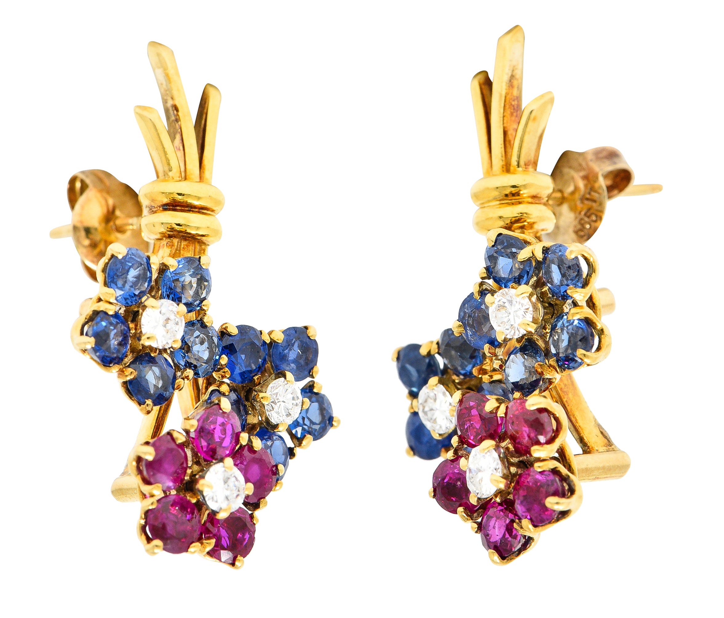 .11111 *1960's 3.60 CTW Sapphire Ruby Diamond 14 Karat Yellow Gold Flower Vintage Earrings Wilson's Estate Jewelry