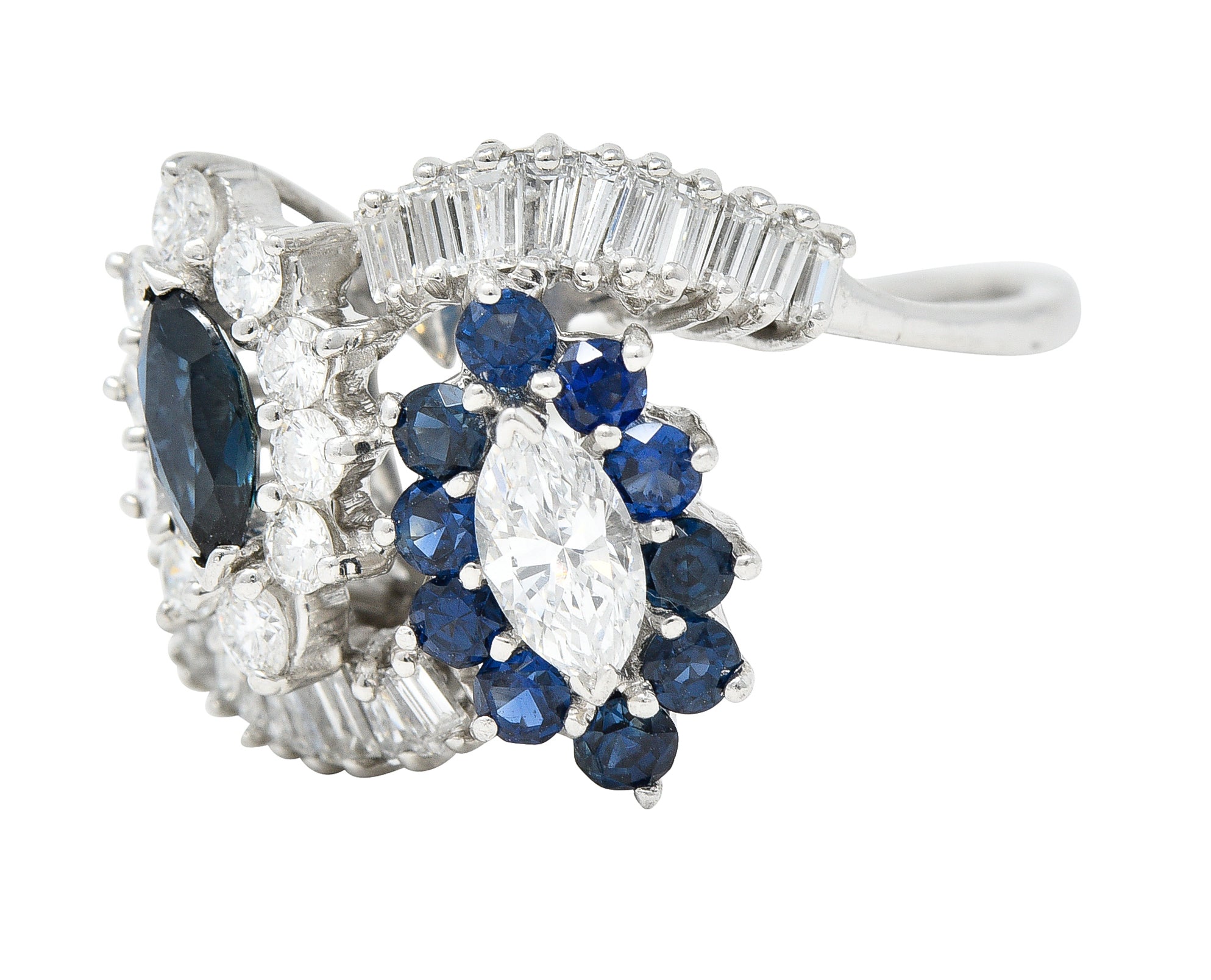 Mid-Century 1.68 CTW Marquise Cut Sapphire Diamond Platinum Clustered Vintage Bypass Ring Wilson's Estate Jewelry