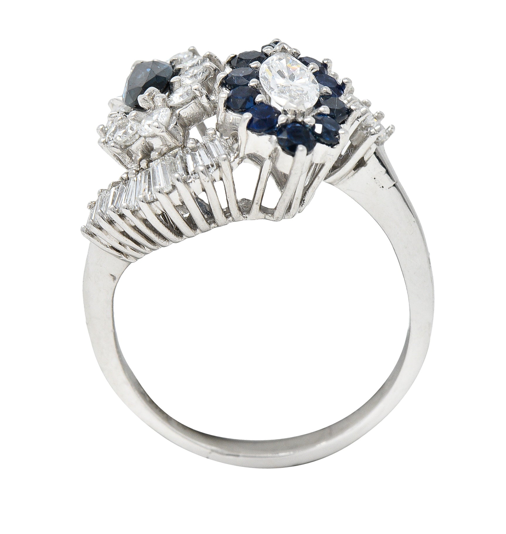 Mid-Century 1.68 CTW Marquise Cut Sapphire Diamond Platinum Clustered Vintage Bypass Ring Wilson's Estate Jewelry