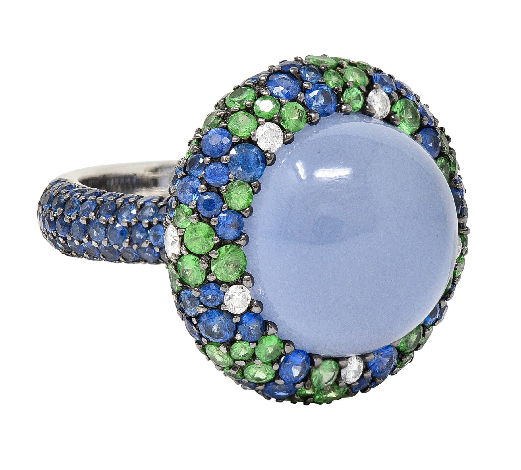 Blue Chalcedony 7.55 CTW Sapphire Diamond Tsavorite 18 Karat White Gold Cocktail RingRing - Wilson's Estate Jewelry