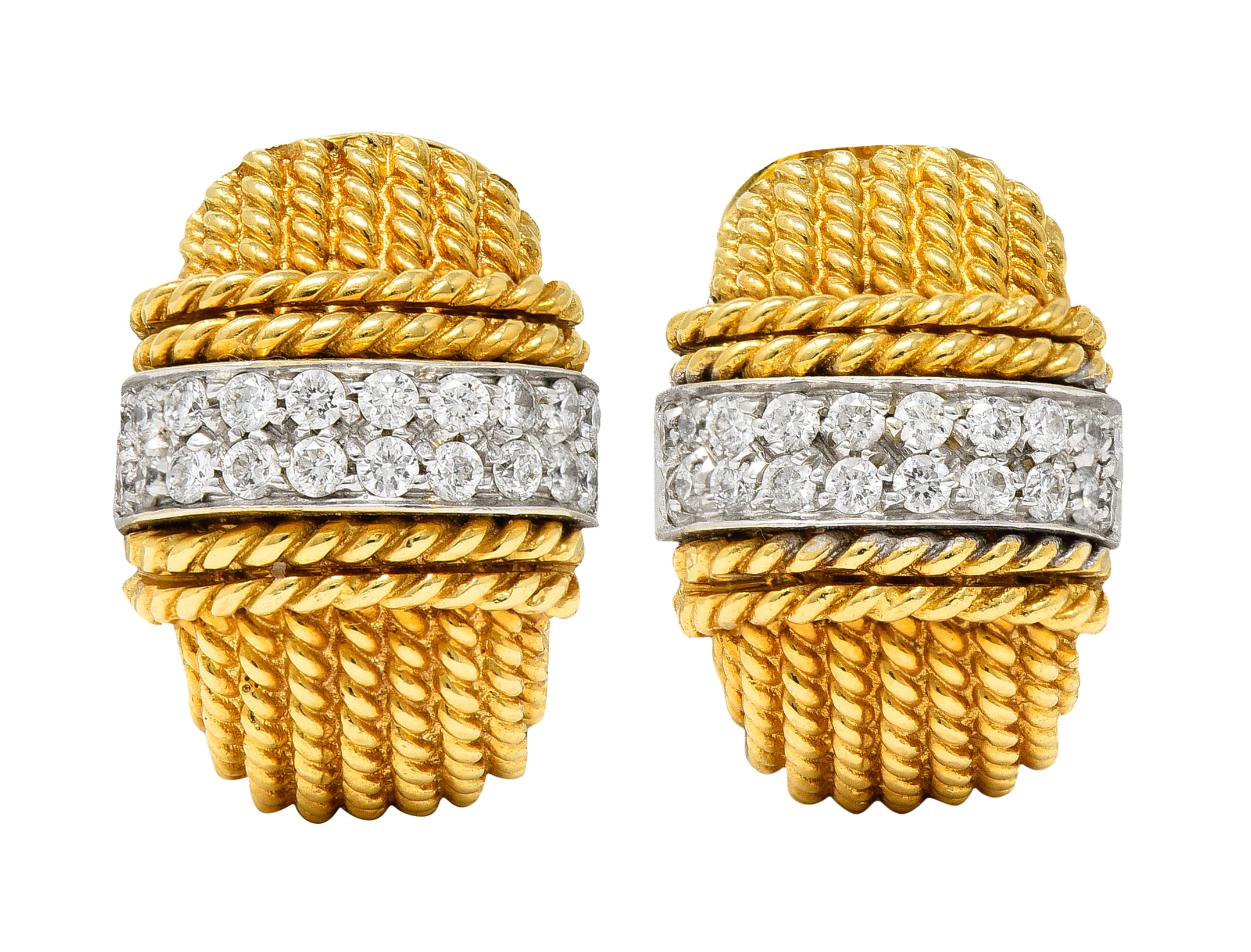 Roberto Coin Italian Pave Diamond 18 Karat Two-Tone Gold Roman Barocco Earrings Wilson's Antique & Estate Jewelry