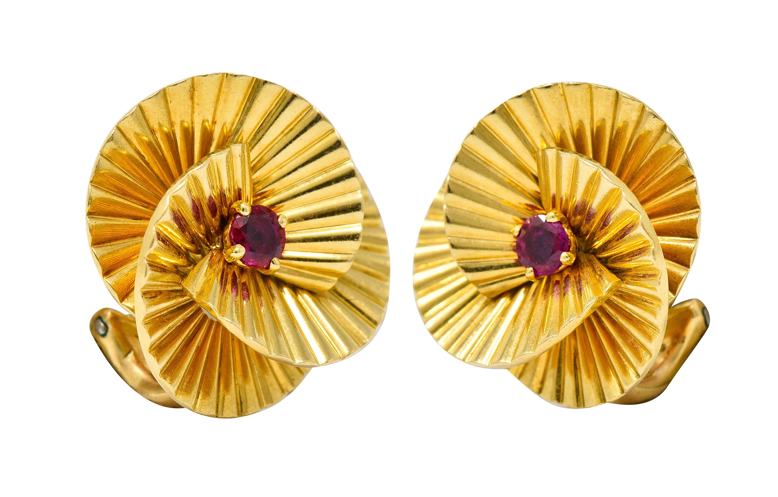 1940's Cartier Paris Ruby 18 Karat Gold Ridged Trefoil Ear-Clip EarringsEarrings - Wilson's Estate Jewelry