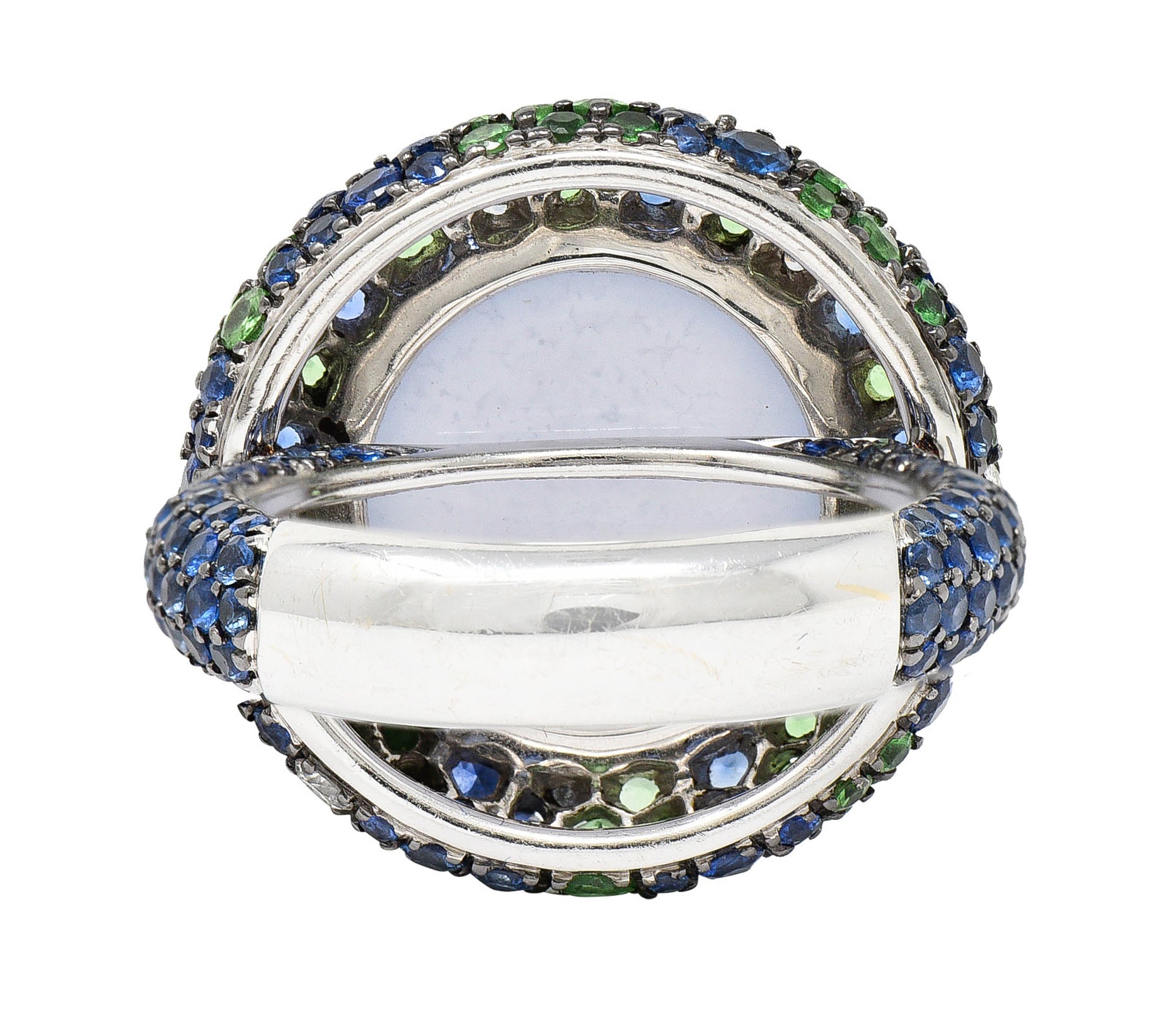 Blue Chalcedony 7.55 CTW Sapphire Diamond Tsavorite 18 Karat White Gold Cocktail RingRing - Wilson's Estate Jewelry