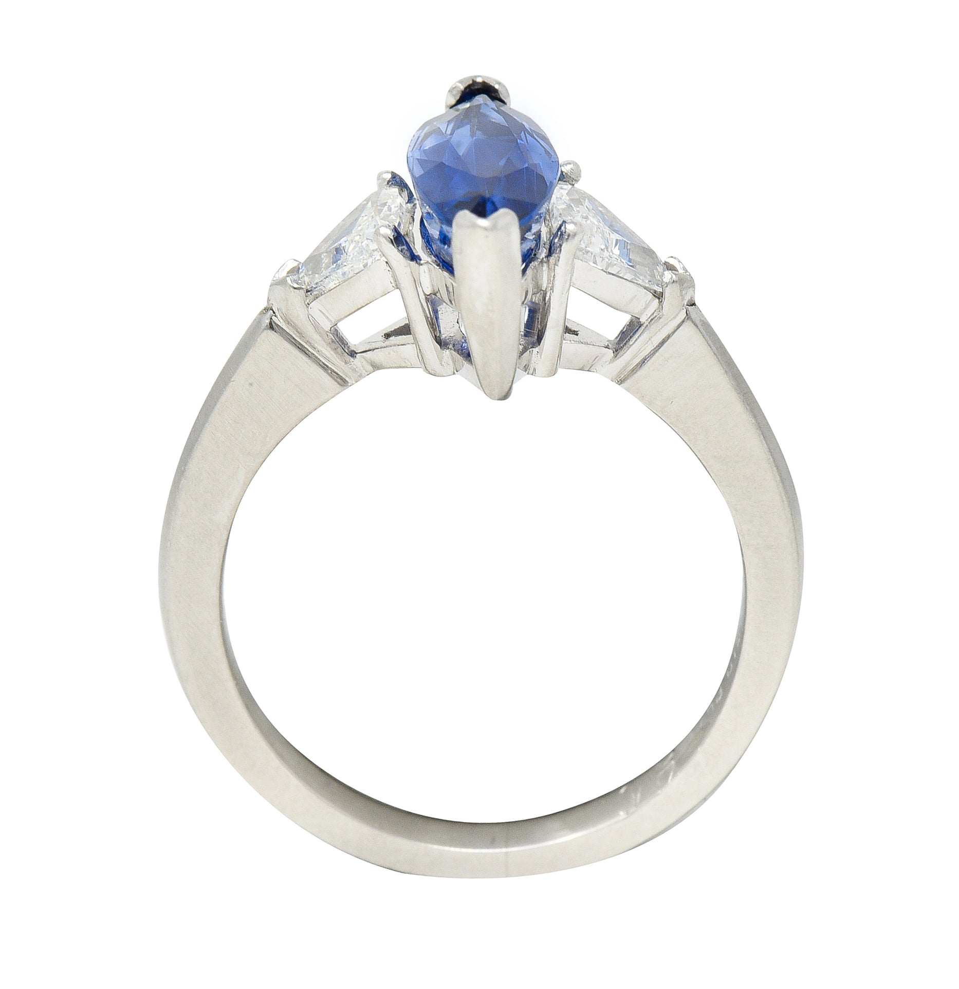 Contemporary 2.44 CTW Marquise Cut Sapphire Trillion Cut Diamond Platinum Three Stone Ring Wilson's Estate Jewelry