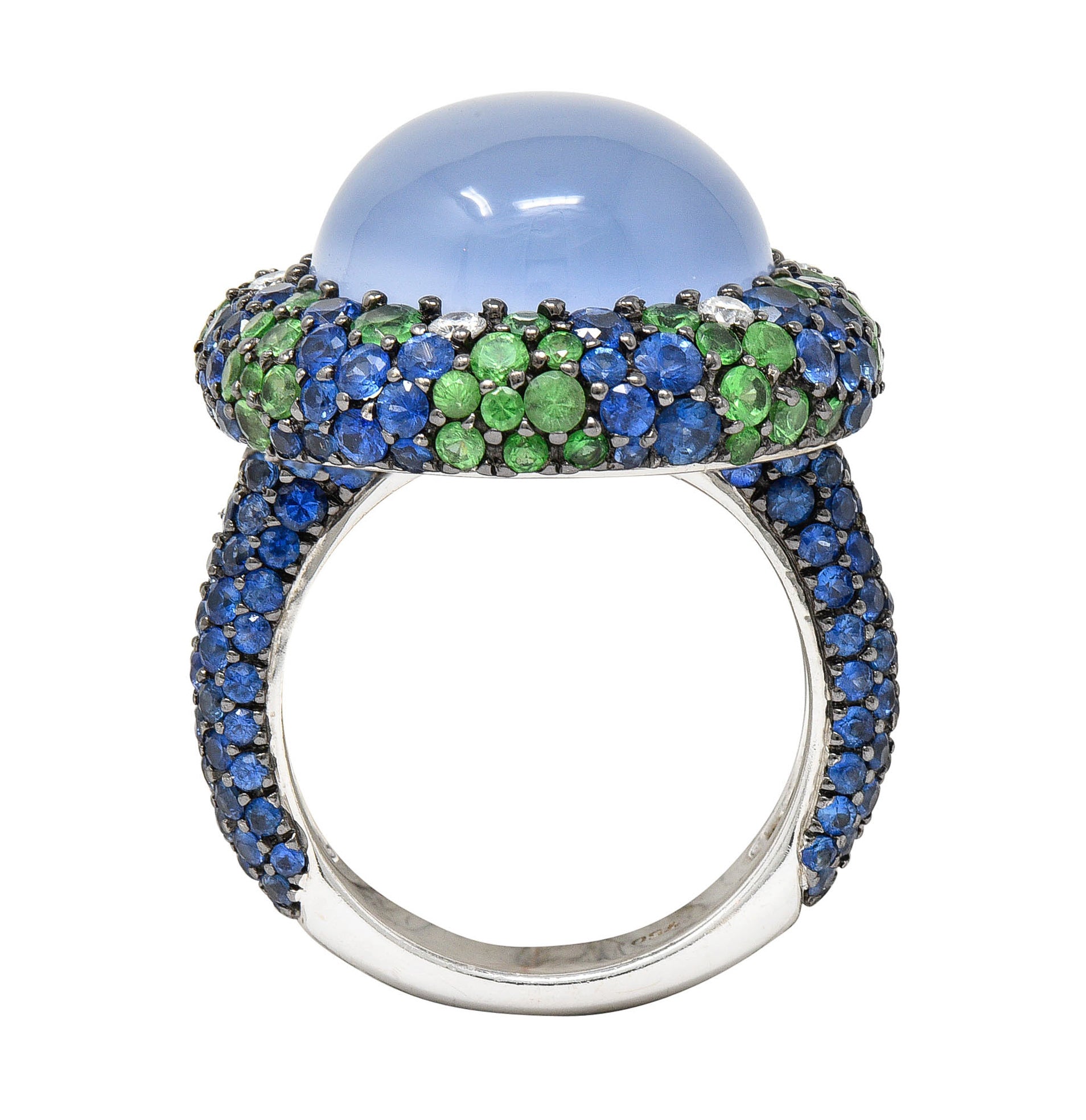 Blue Chalcedony 7.55 CTW Sapphire Diamond Tsavorite 18 Karat White Gold Cocktail RingRing - Wilson's Estate Jewelry