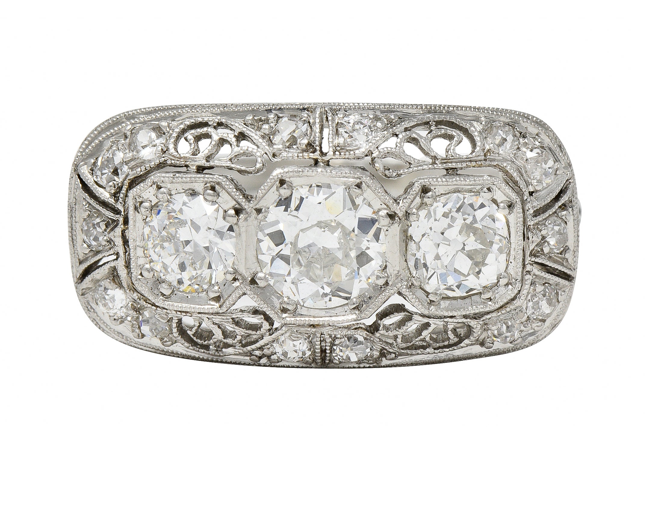 Art Deco 1.32 CTW Diamond Platinum Filigree Vintage Three Stone Ring