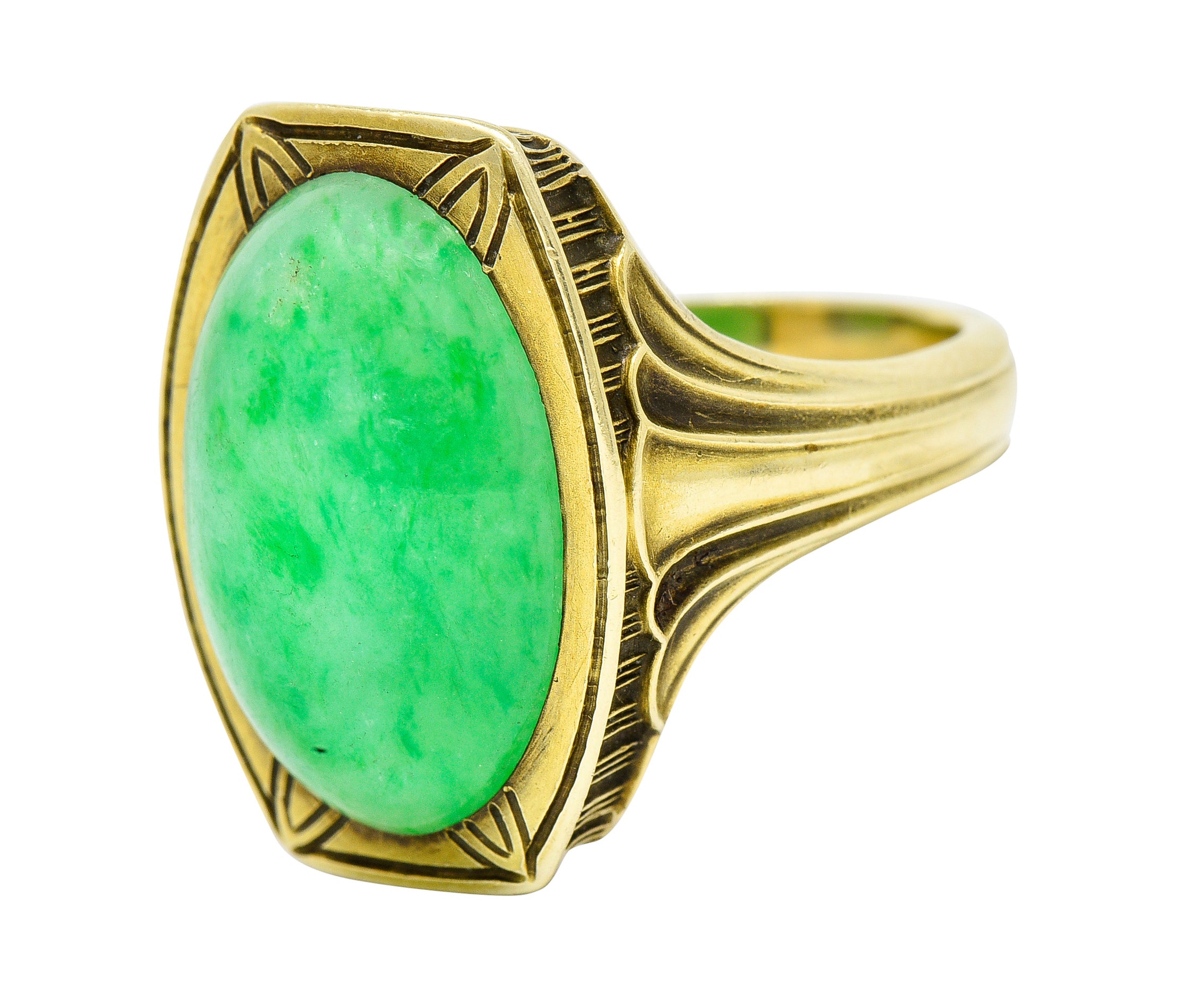 Larter & Sons Art Deco Jadeite Jade Cabochon 14 Karat Gold Lotus RingRing - Wilson's Estate Jewelry