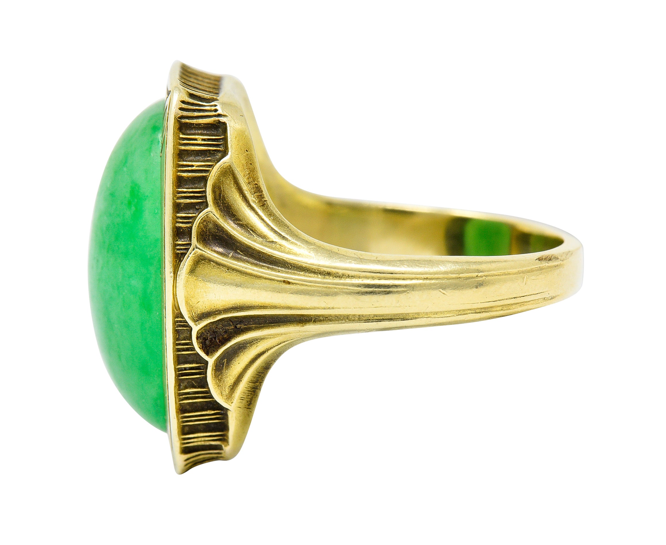 Larter & Sons Art Deco Jadeite Jade Cabochon 14 Karat Gold Lotus RingRing - Wilson's Estate Jewelry