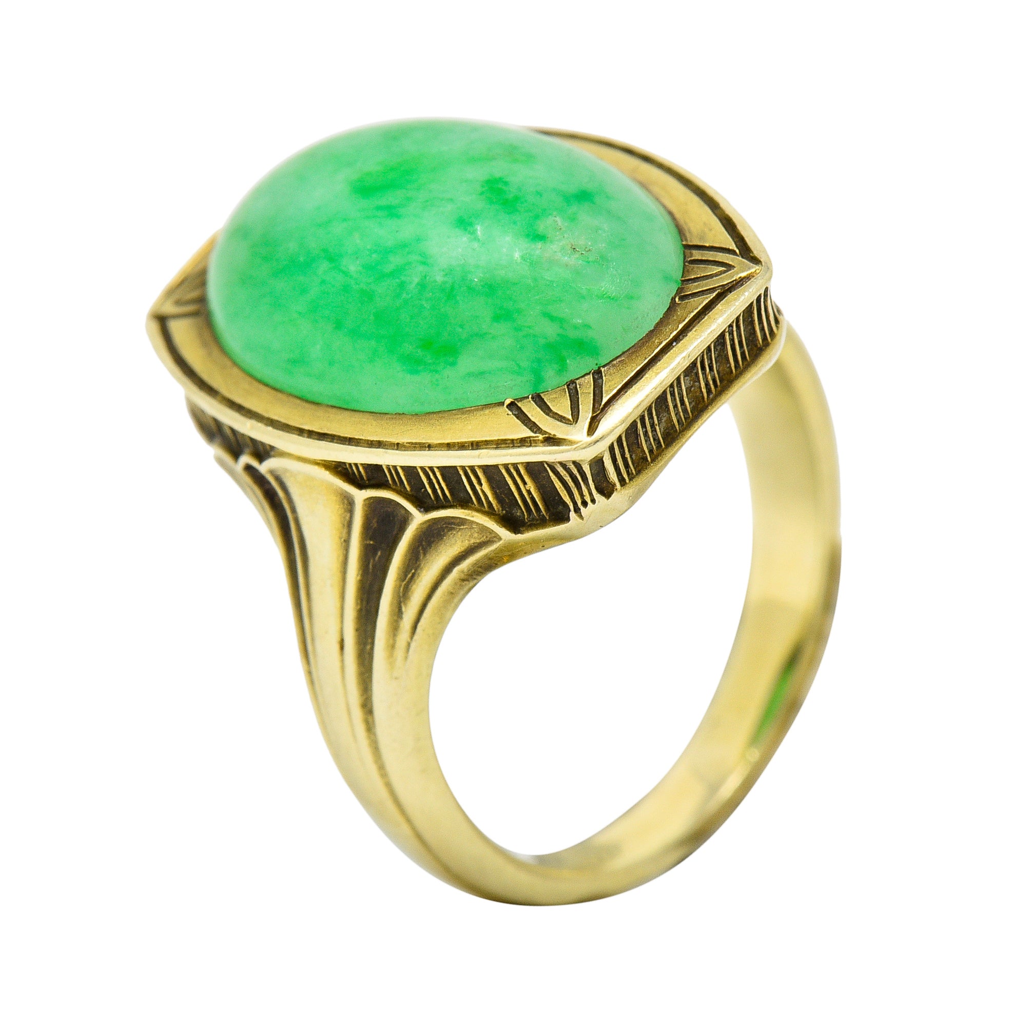 Larter & Sons Art Deco Jadeite Jade Cabochon 14 Karat Gold Lotus RingRing - Wilson's Estate Jewelry