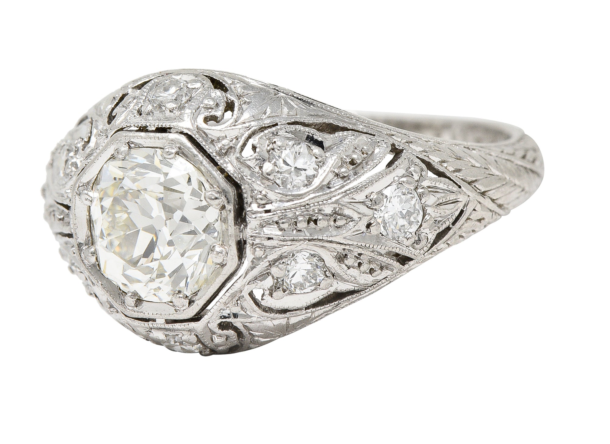 Art Deco 1.53 CTW Old European Cut Diamond Platinum Scrolling Foliate Bombay Vintage Engagement Ring Wilson's Estate Jewelry