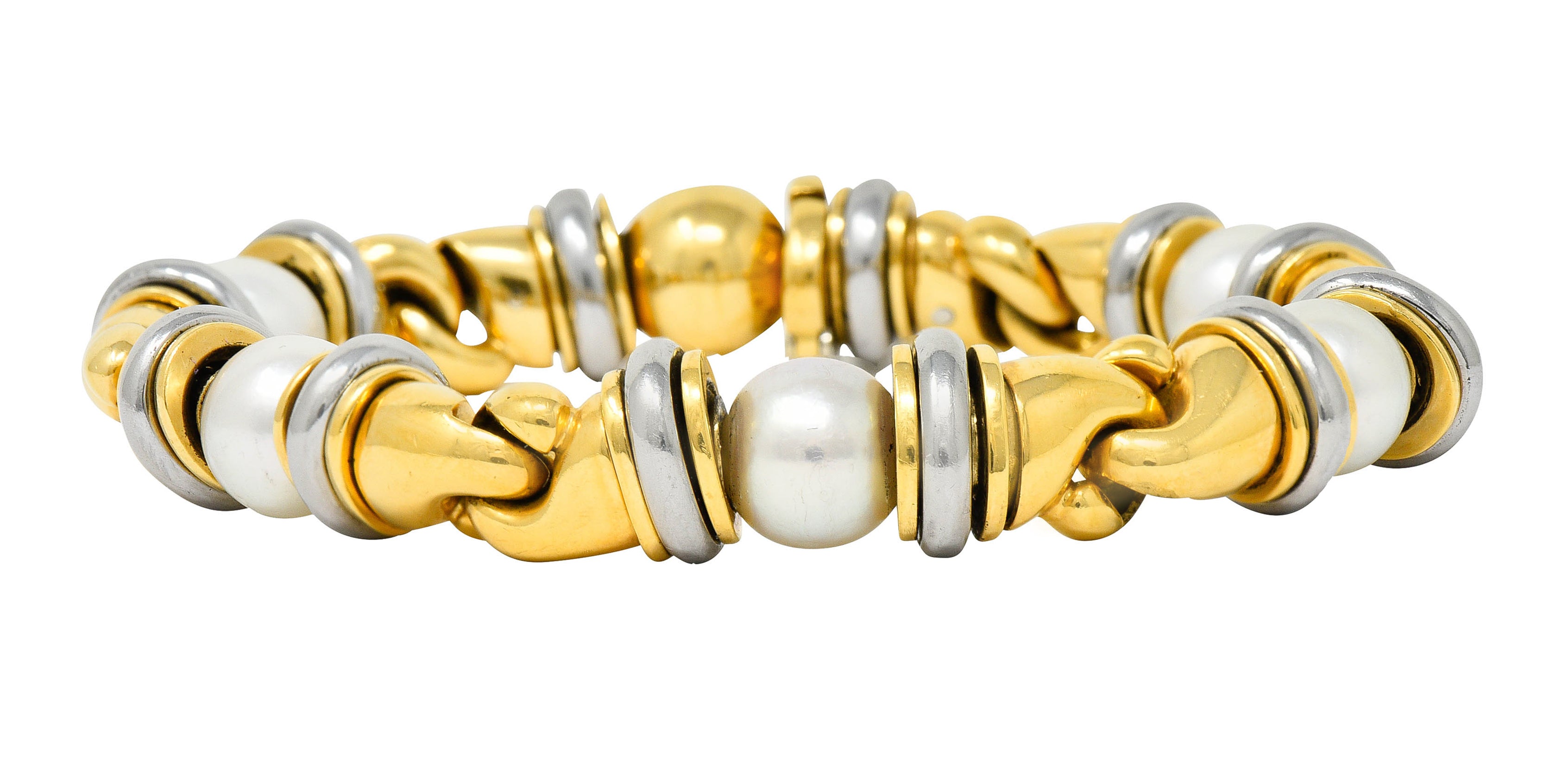 1990's Bulgari Cultured Pearl 18 Karat Gold Stainless Steel Gancio Italian Link Braceletbracelet - Wilson's Estate Jewelry