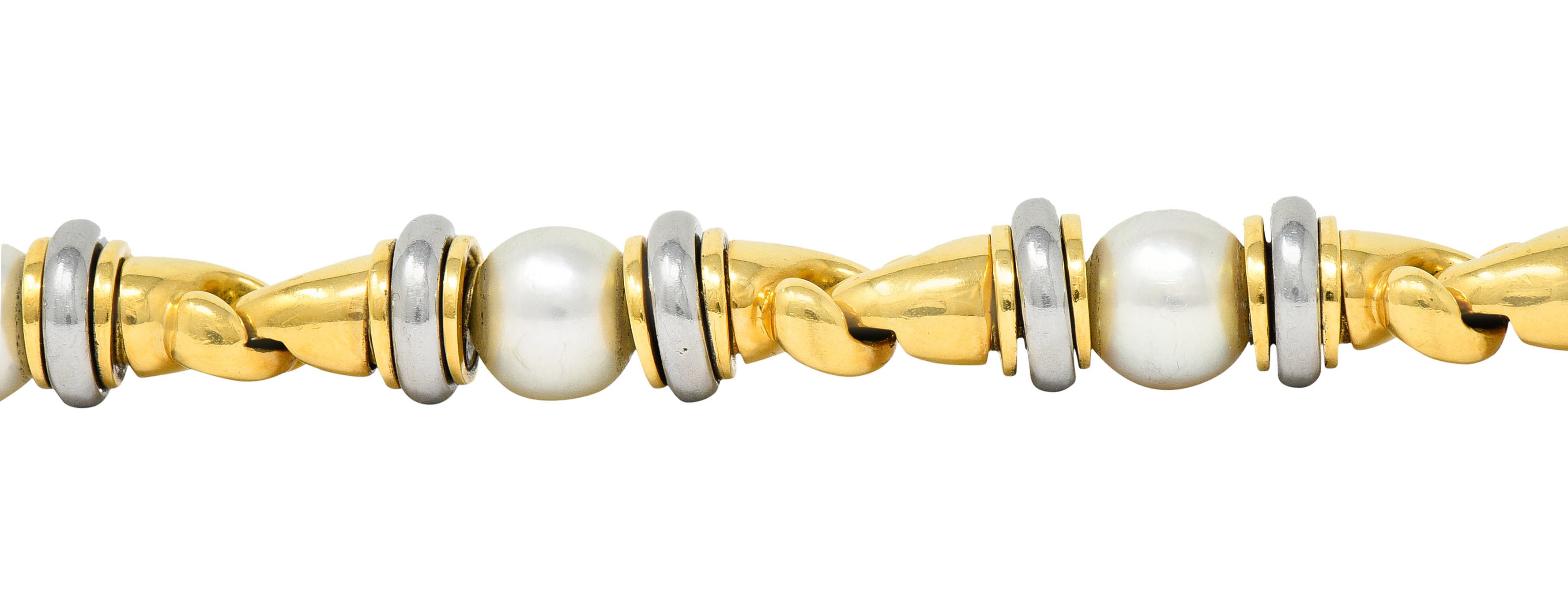 1990's Bulgari Cultured Pearl 18 Karat Gold Stainless Steel Gancio Italian Link Braceletbracelet - Wilson's Estate Jewelry