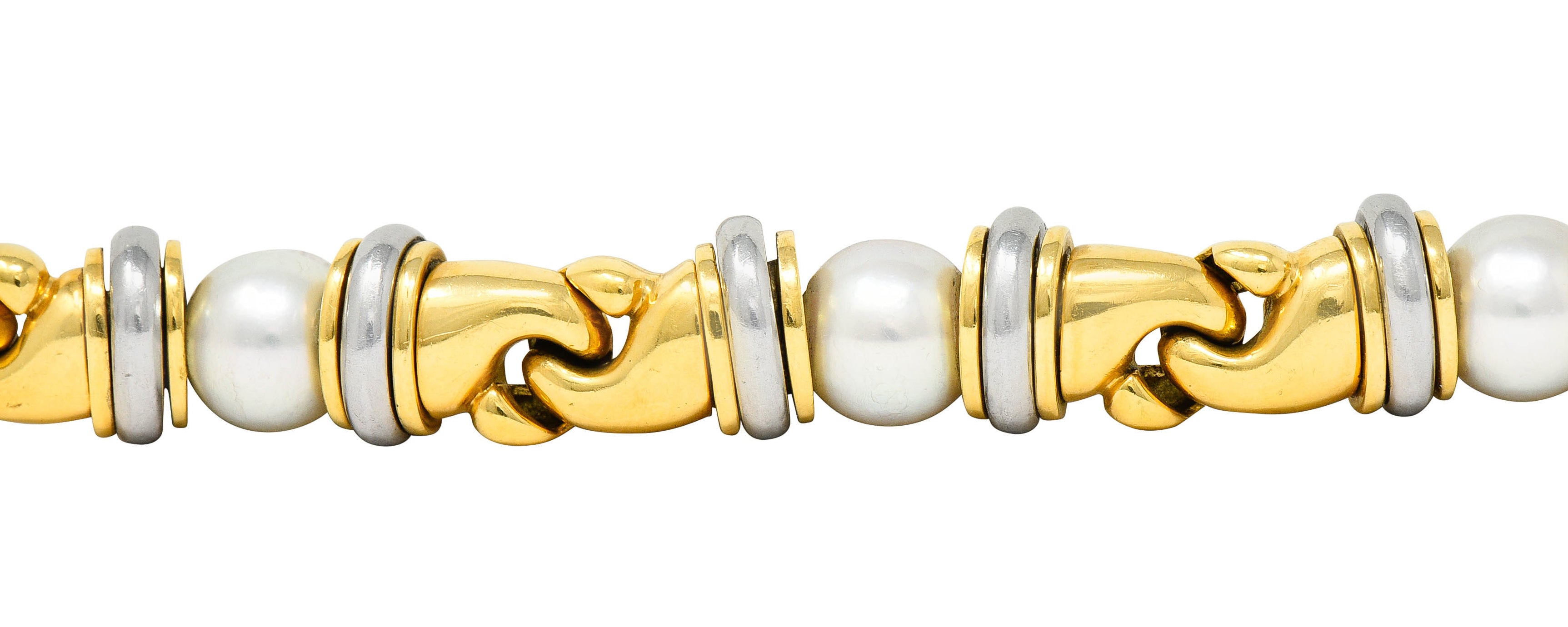 1990's Bulgari Cultured Pearl 18 Karat Gold Stainless Steel Gancio Italian Link Braceletbracelet - Wilson's Estate Jewelry