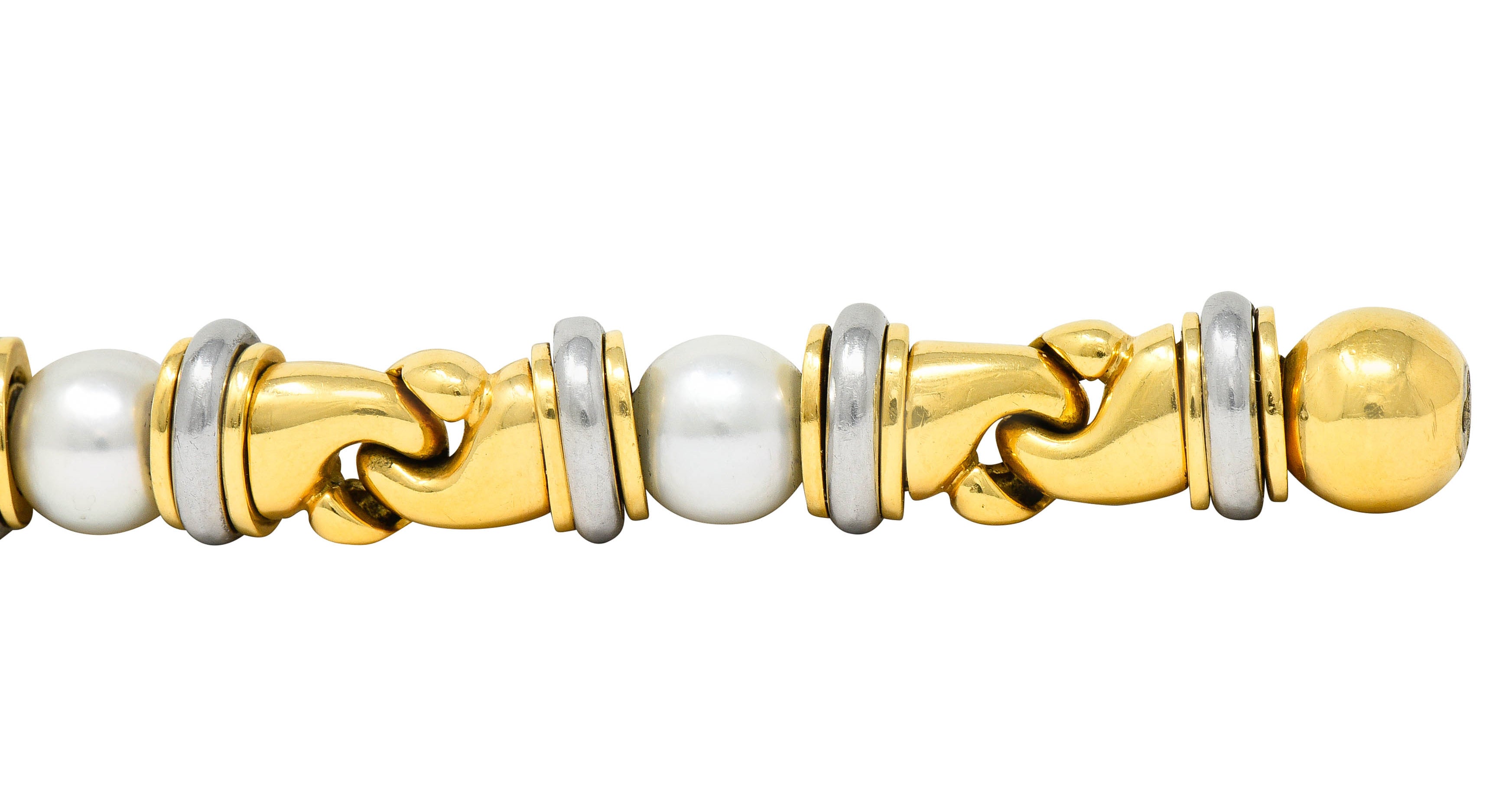 1990's Bulgari Cultured Pearl 18 Karat Gold Stainless Steel Gancio Italian Link Braceletbracelet - Wilson's Estate Jewelry