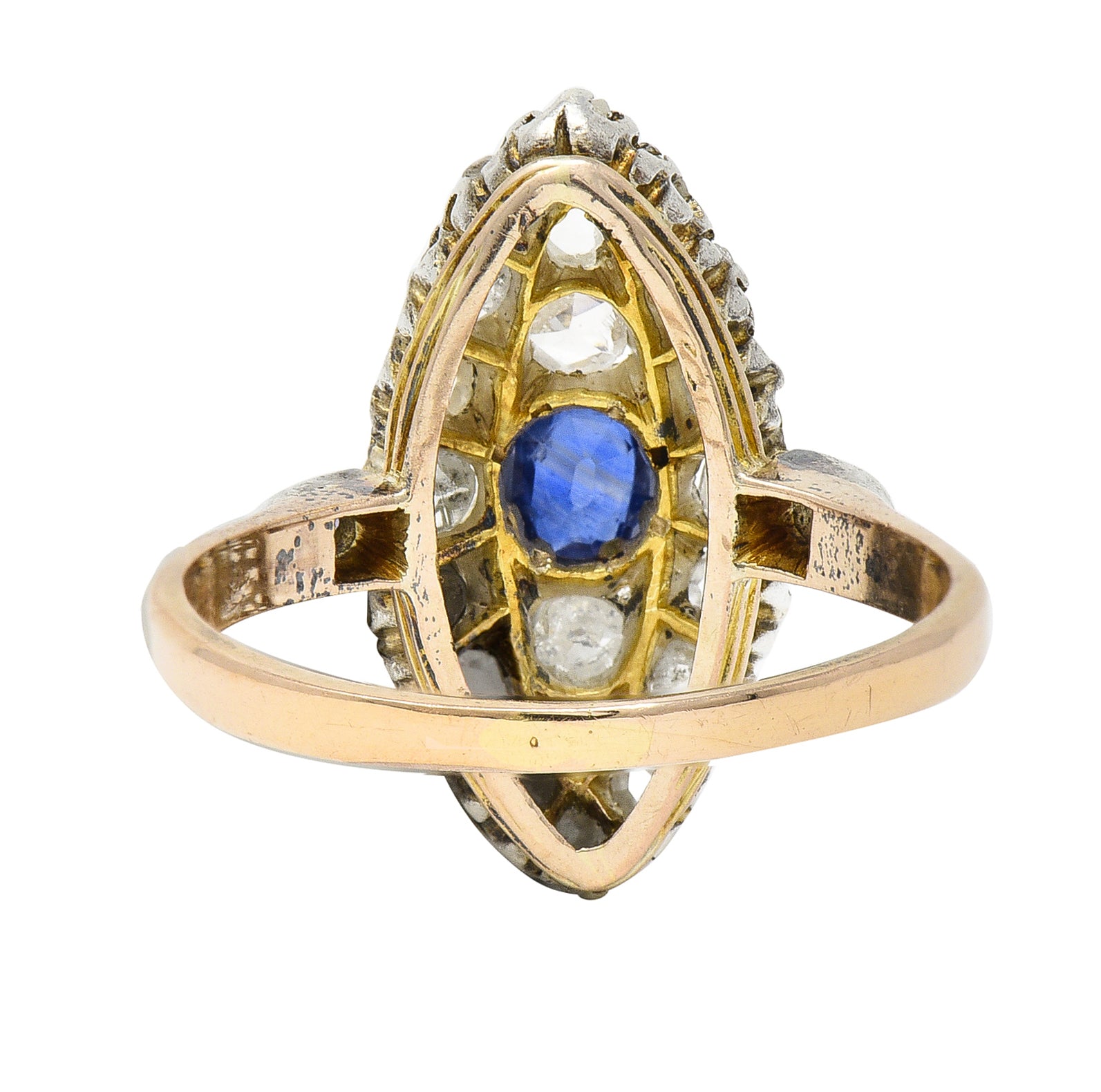 Victorian 1.84 CTW Sapphire Diamond 18 Karat Gold Silver Antique Cluster Ring