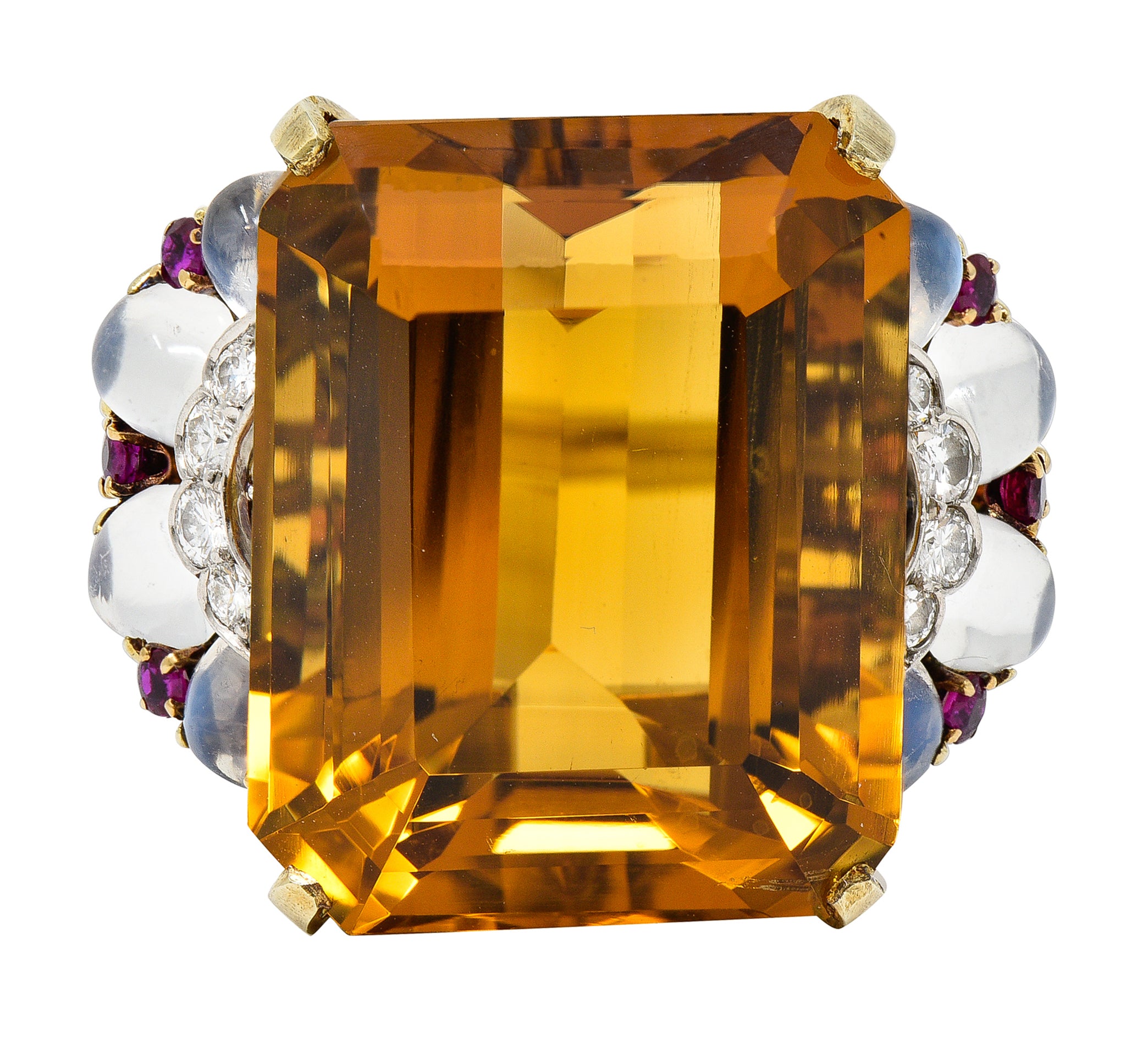 Tiffany & Co. Retro 39.97 CTW Emerald Cut Citrine Diamond Ruby Moonstone Cabochon Platinum 14 Karat Yellow Gold Vintage Cocktail Ring Wilson's Estate Jewelry