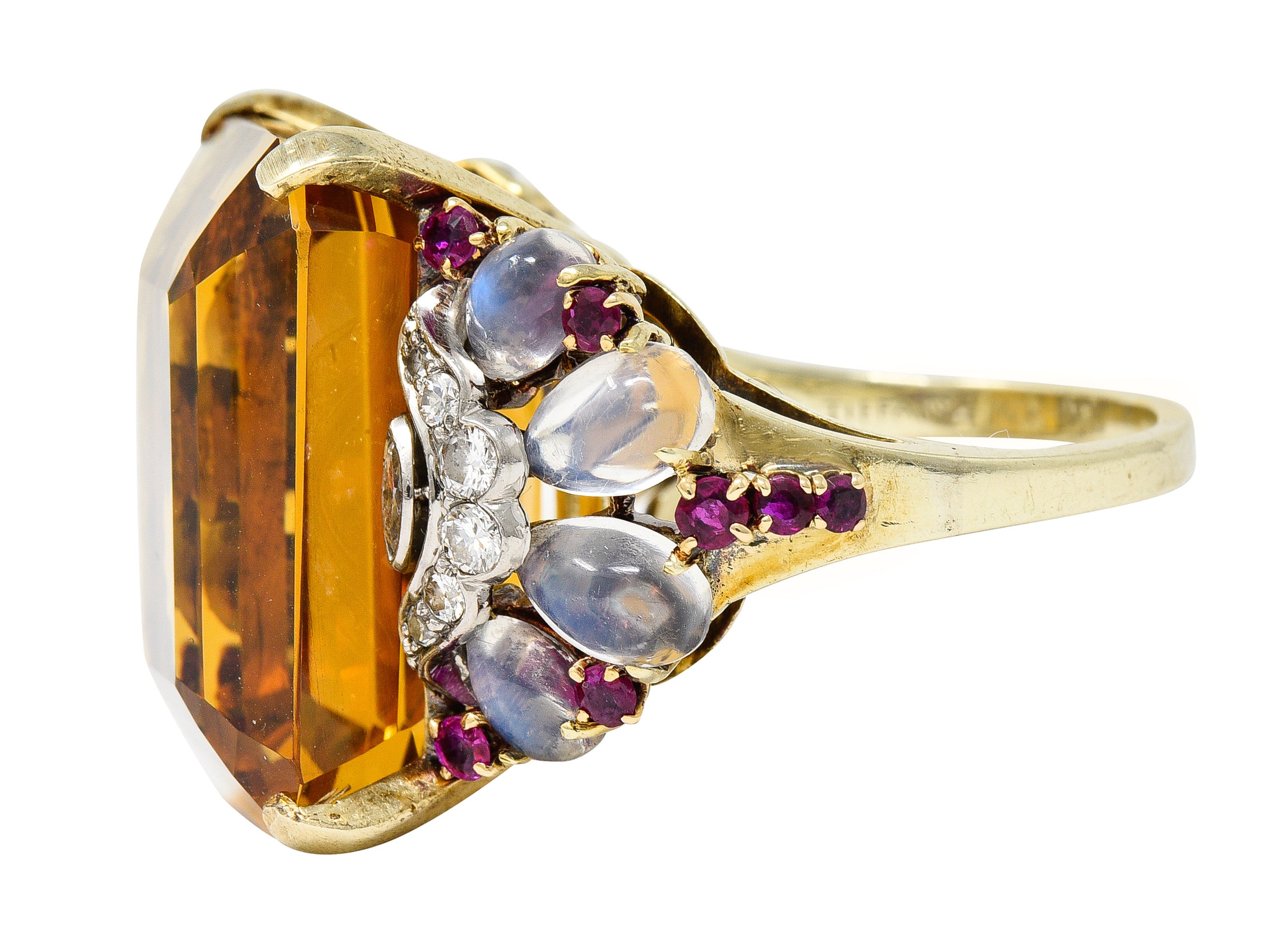 Tiffany & Co. Retro 39.97 CTW Emerald Cut Citrine Diamond Ruby Moonstone Cabochon Platinum 14 Karat Yellow Gold Vintage Cocktail Ring Wilson's Estate Jewelry