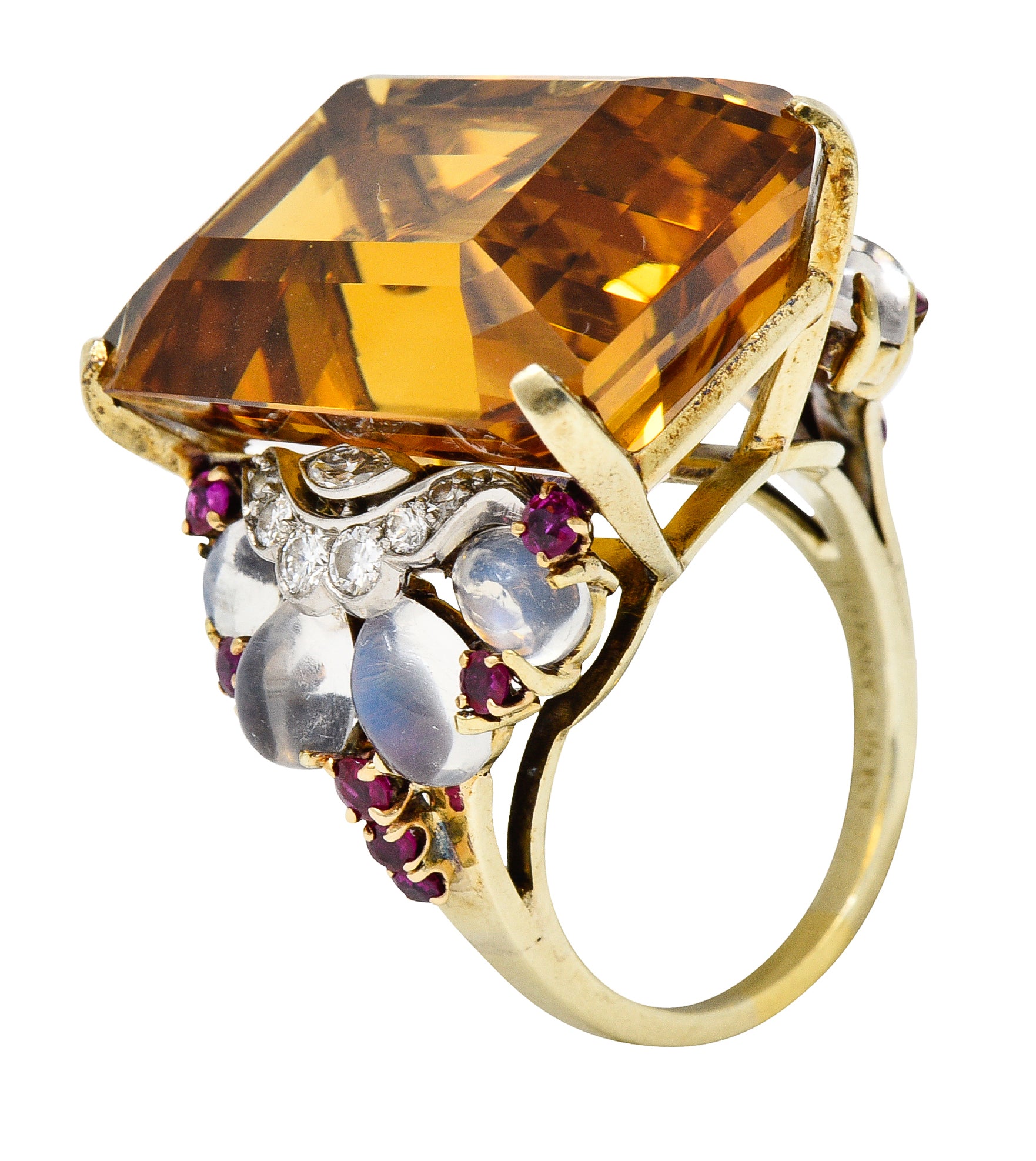 Tiffany & Co. Retro 39.97 CTW Emerald Cut Citrine Diamond Ruby Moonstone Cabochon Platinum 14 Karat Yellow Gold Vintage Cocktail Ring Wilson's Estate Jewelry