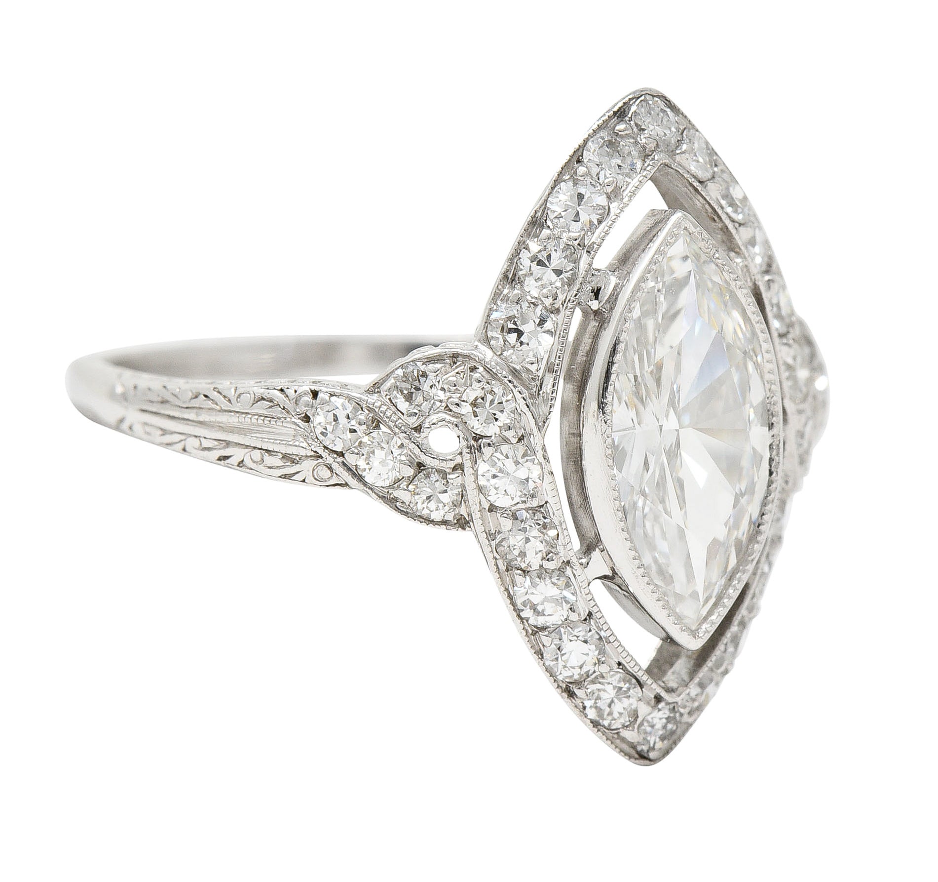 Tiffany & Co. Art Deco 1.30 CTW Marquise Cut Diamond Platinum Twisting Halo Engagement Ring GIA Wilson's Estate Jewelry