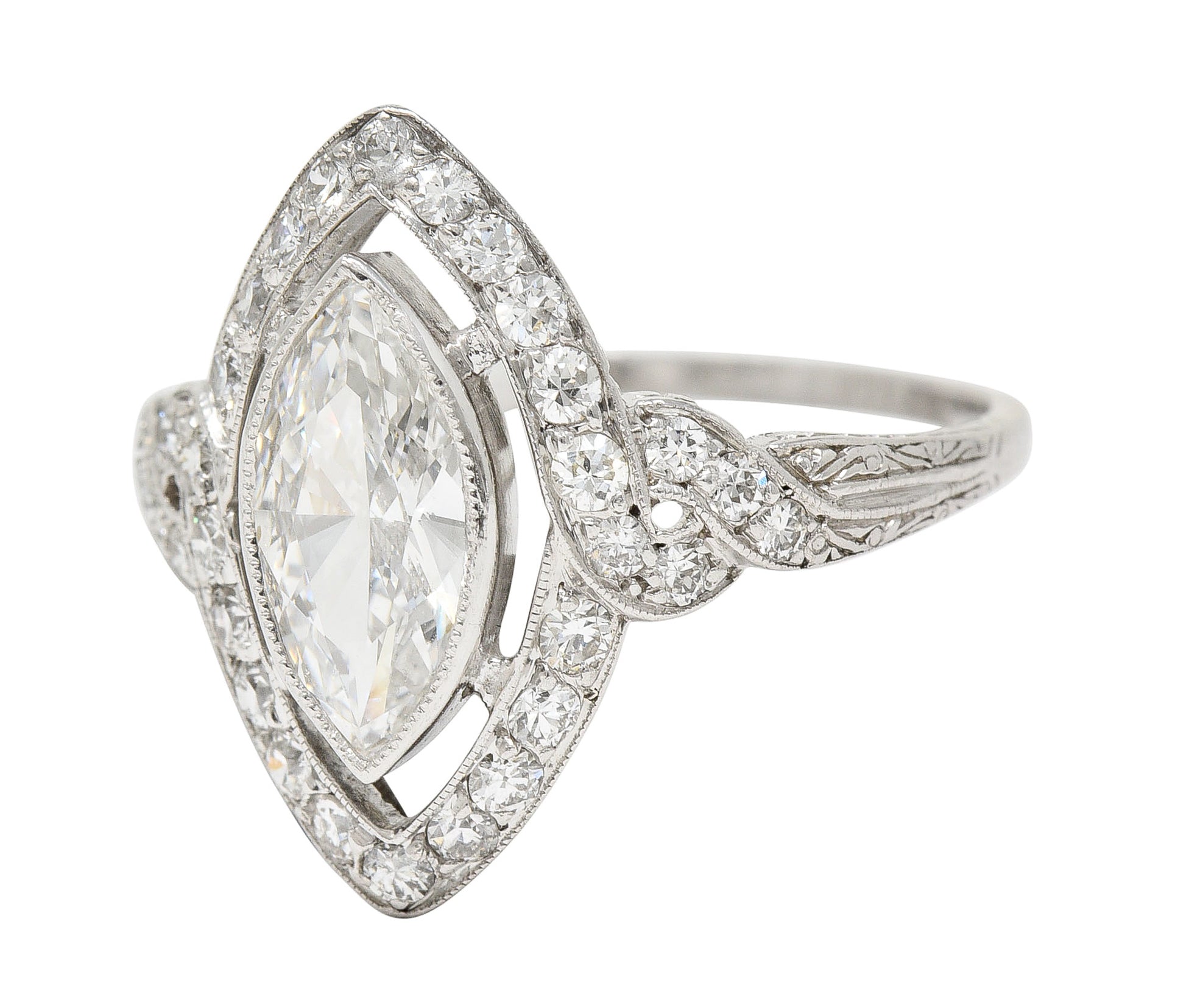 Tiffany & Co. Art Deco 1.30 CTW Marquise Cut Diamond Platinum Twisting Halo Engagement Ring GIA Wilson's Estate Jewelry