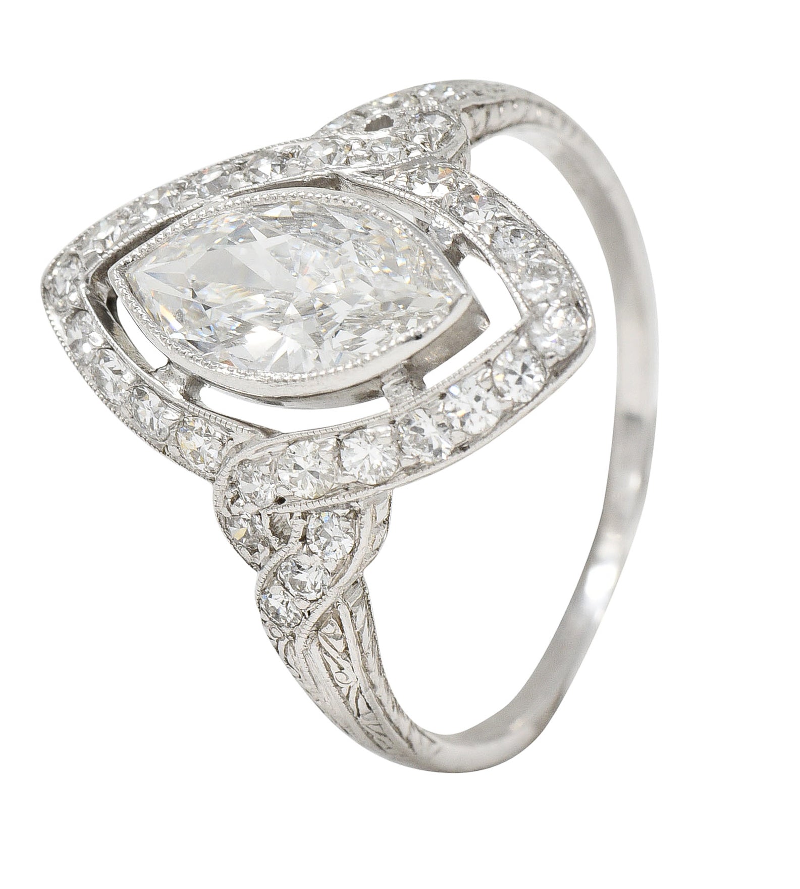 Tiffany & Co. Art Deco 1.30 CTW Marquise Cut Diamond Platinum Twisting Halo Engagement Ring GIA Wilson's Estate Jewelry