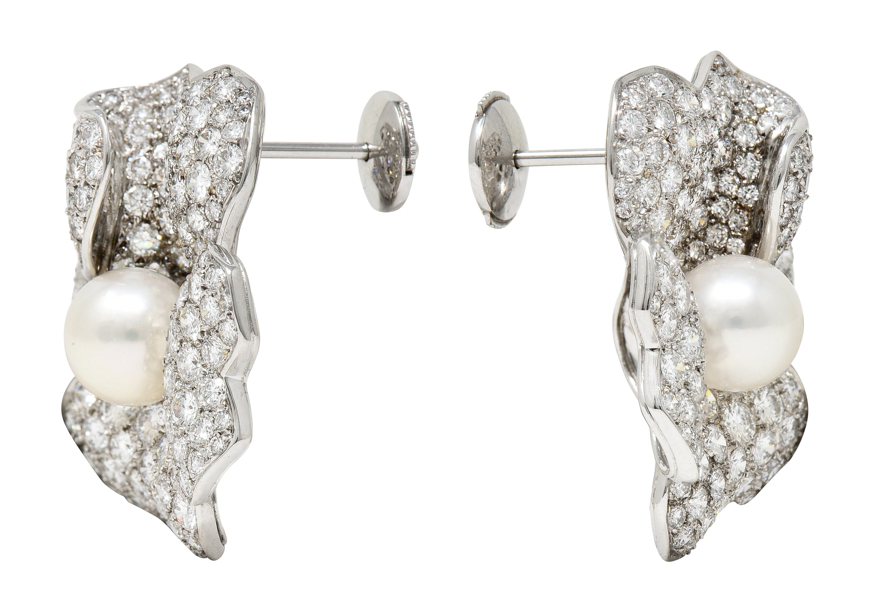 Cartier Vintage 9.28 CTW Diamond South Sea Pearl 18 Karat White Gold Flower Earrings Wilson's Estate Jewelry