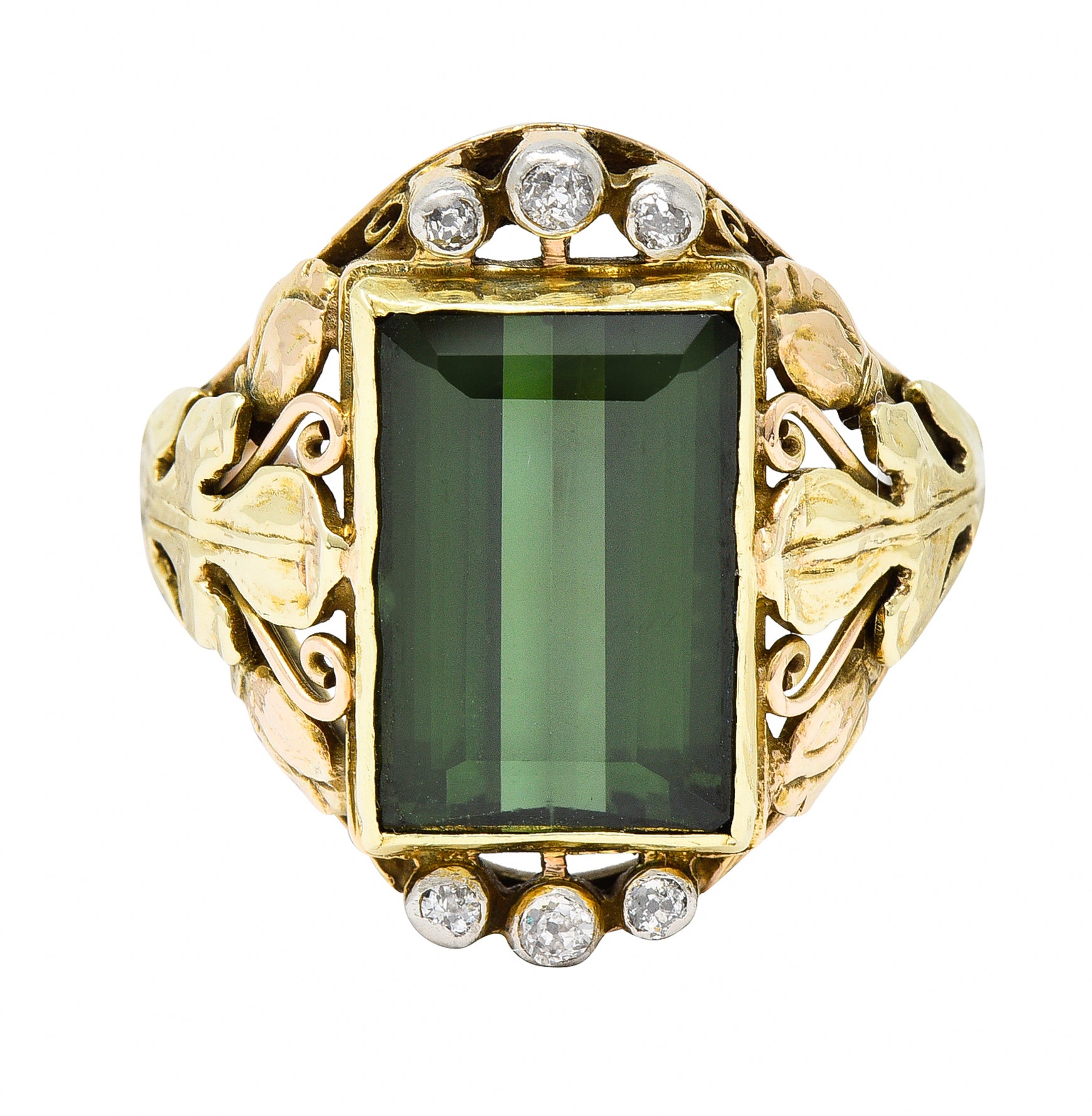 Arts & Crafts Green Tourmaline Diamond 14 Karat Tri-Colored Gold Unisex Foliate Ring Wilson's Antique & Estate Jewelry