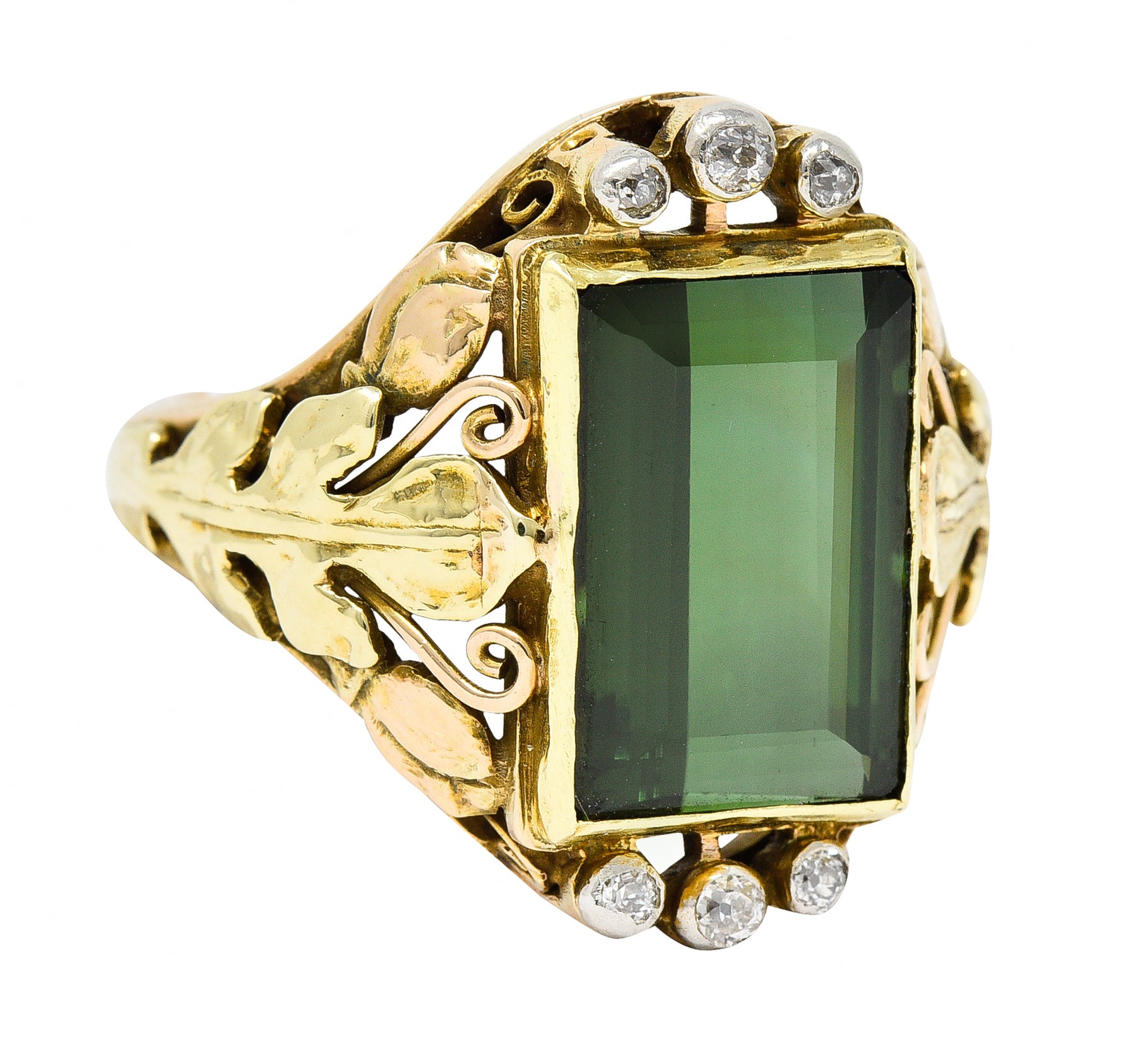 Arts & Crafts Green Tourmaline Diamond 14 Karat Tri-Colored Gold Unisex Foliate Ring Wilson's Antique & Estate Jewelry