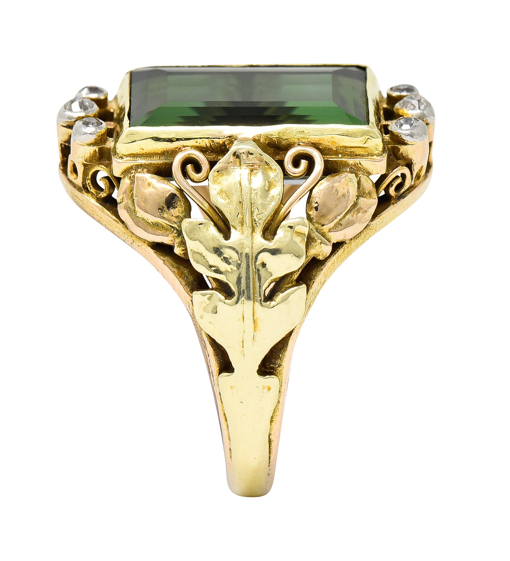 Arts & Crafts Green Tourmaline Diamond 14 Karat Tri-Colored Gold Unisex Foliate Ring Wilson's Antique & Estate Jewelry