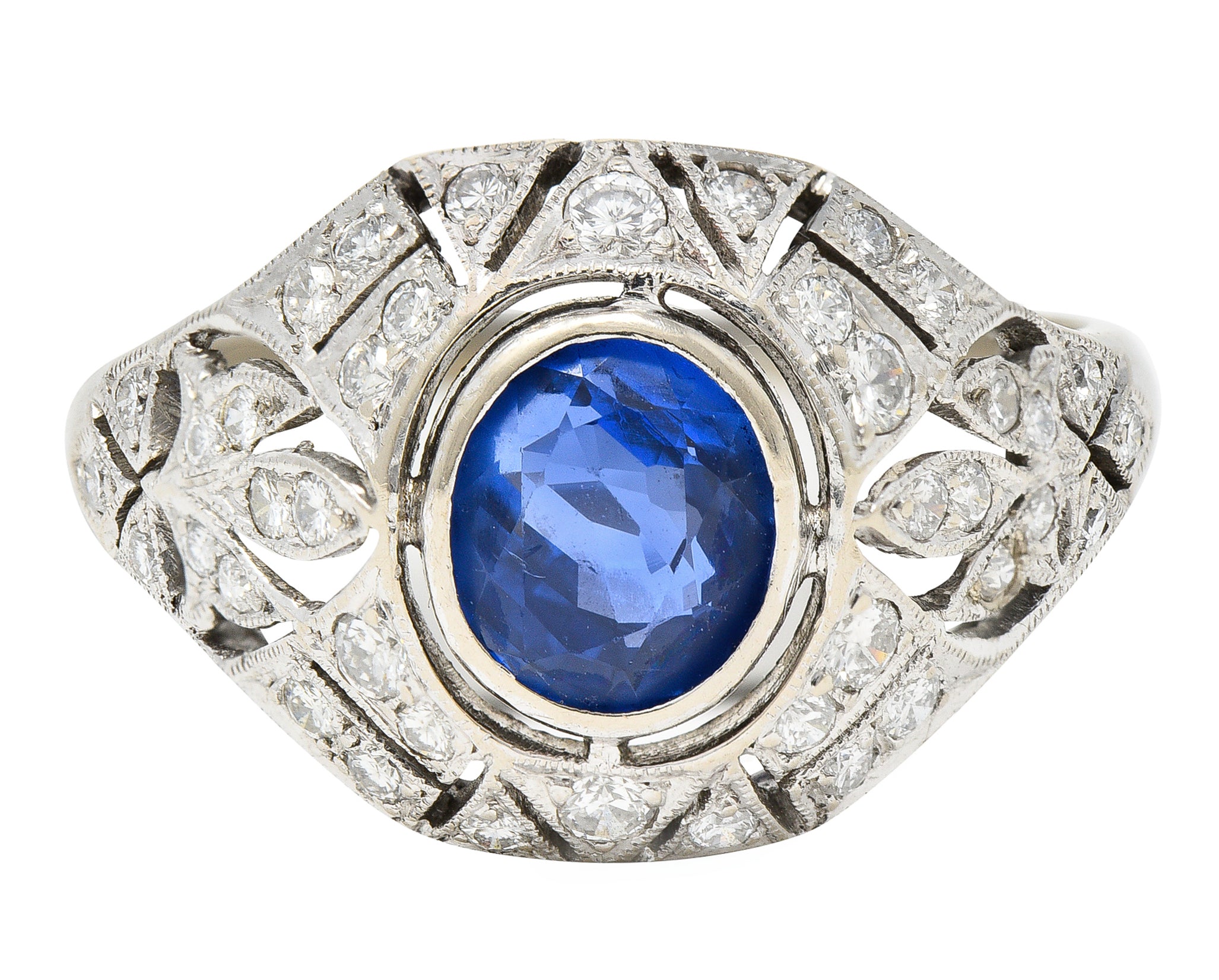 1960's Art Deco Revival 1.72 CTW Oval Cut Sapphire Diamond 14 Karat White Gold Fleur-De-Lis Vintage Bombay Dinner Ring Wilson's Estate Jewelry