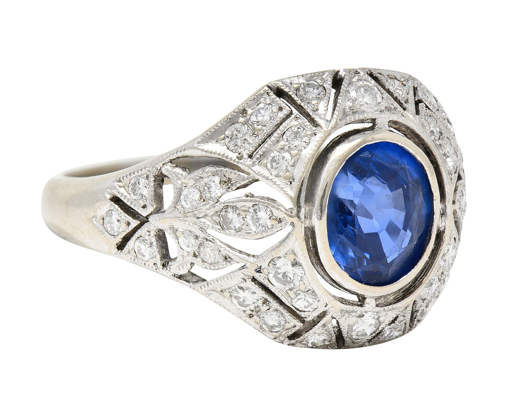 1960's Art Deco Revival 1.72 CTW Oval Cut Sapphire Diamond 14 Karat White Gold Fleur-De-Lis Vintage Bombay Dinner Ring Wilson's Estate Jewelry