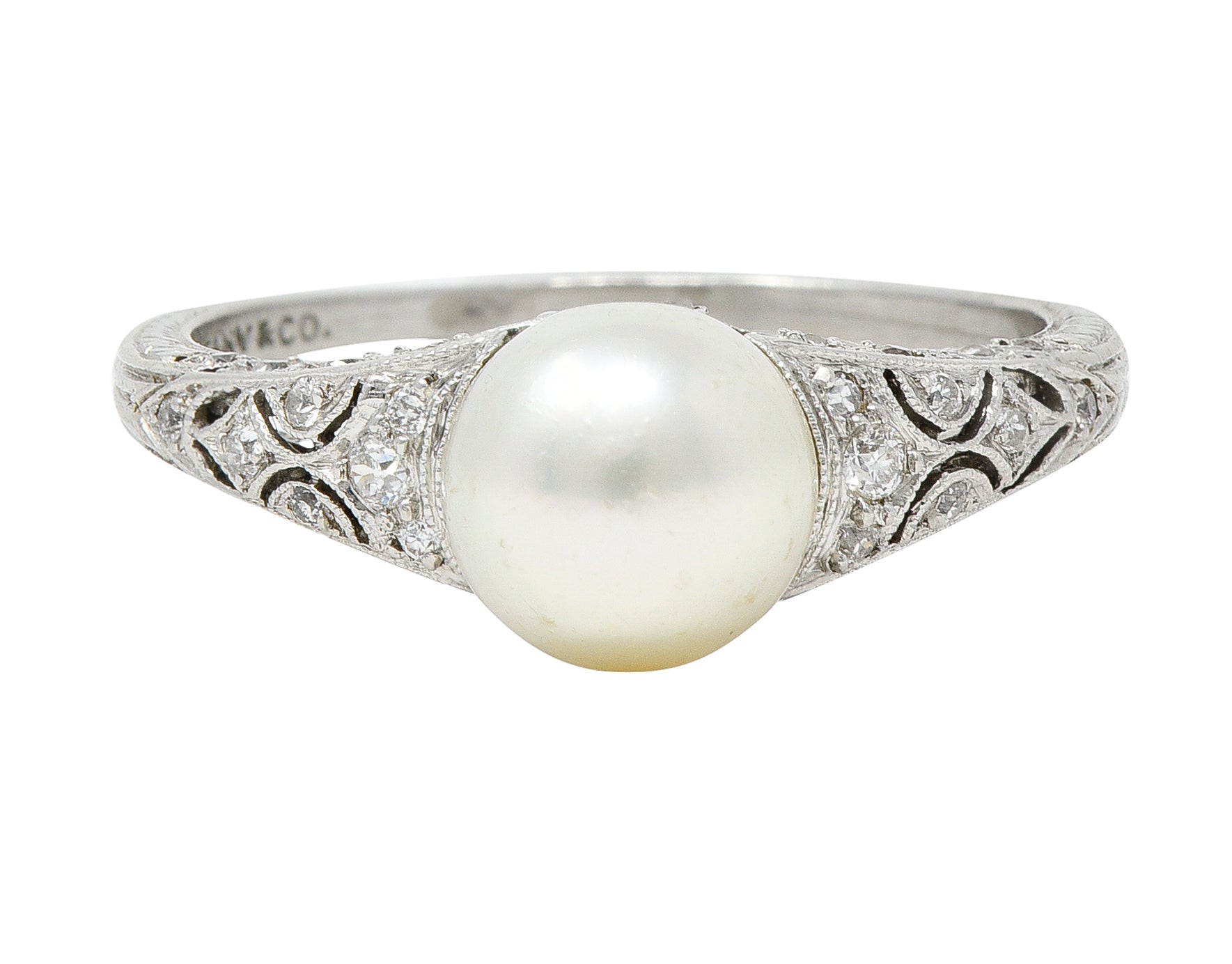 Tiffany & Co. Edwardian Pearl Diamond Platinum Ivy Foliate Antique Gemstone Ring Wilson's Estate Jewelry