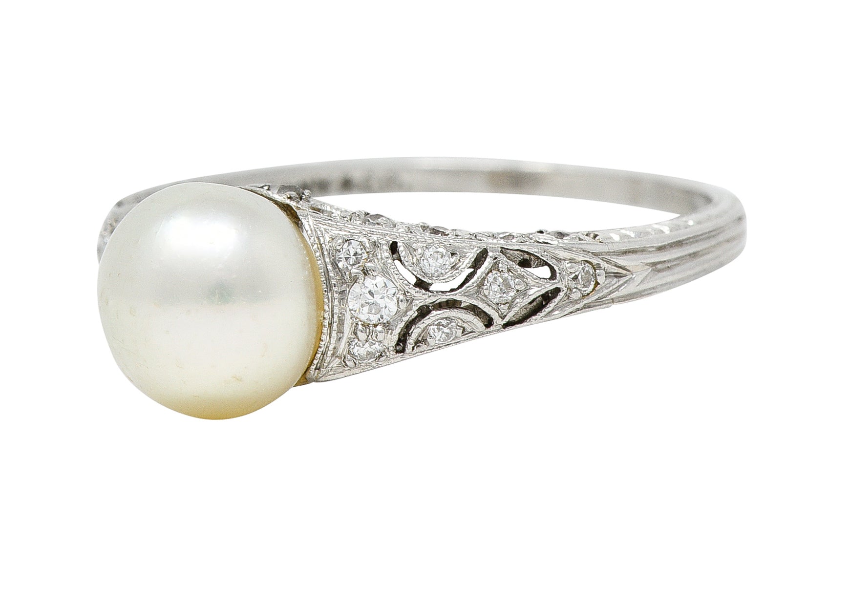 Tiffany & Co. Edwardian Pearl Diamond Platinum Ivy Foliate Antique Gemstone Ring Wilson's Estate Jewelry